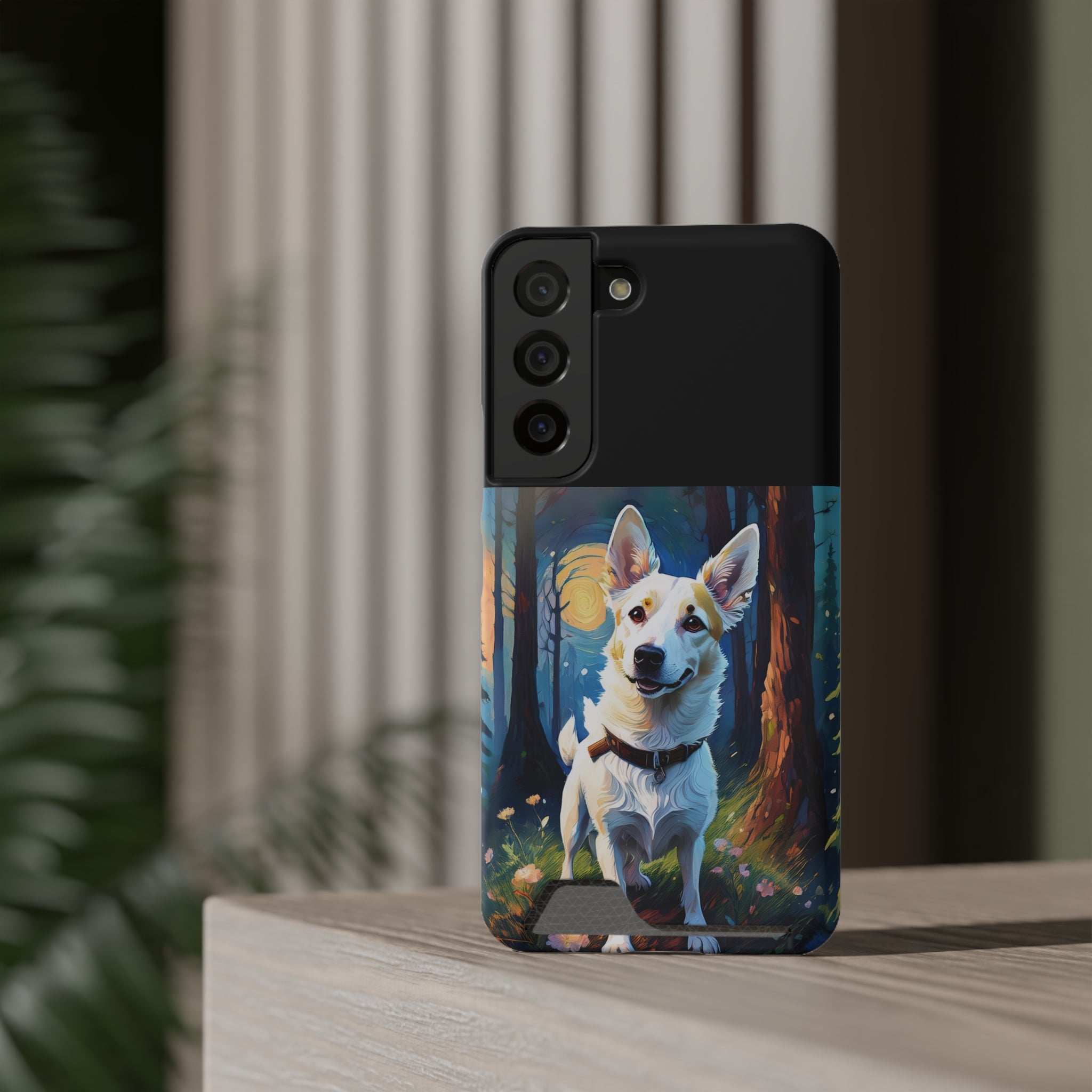 White/Tan Dog Forest Walk Phone Case with Card Holder