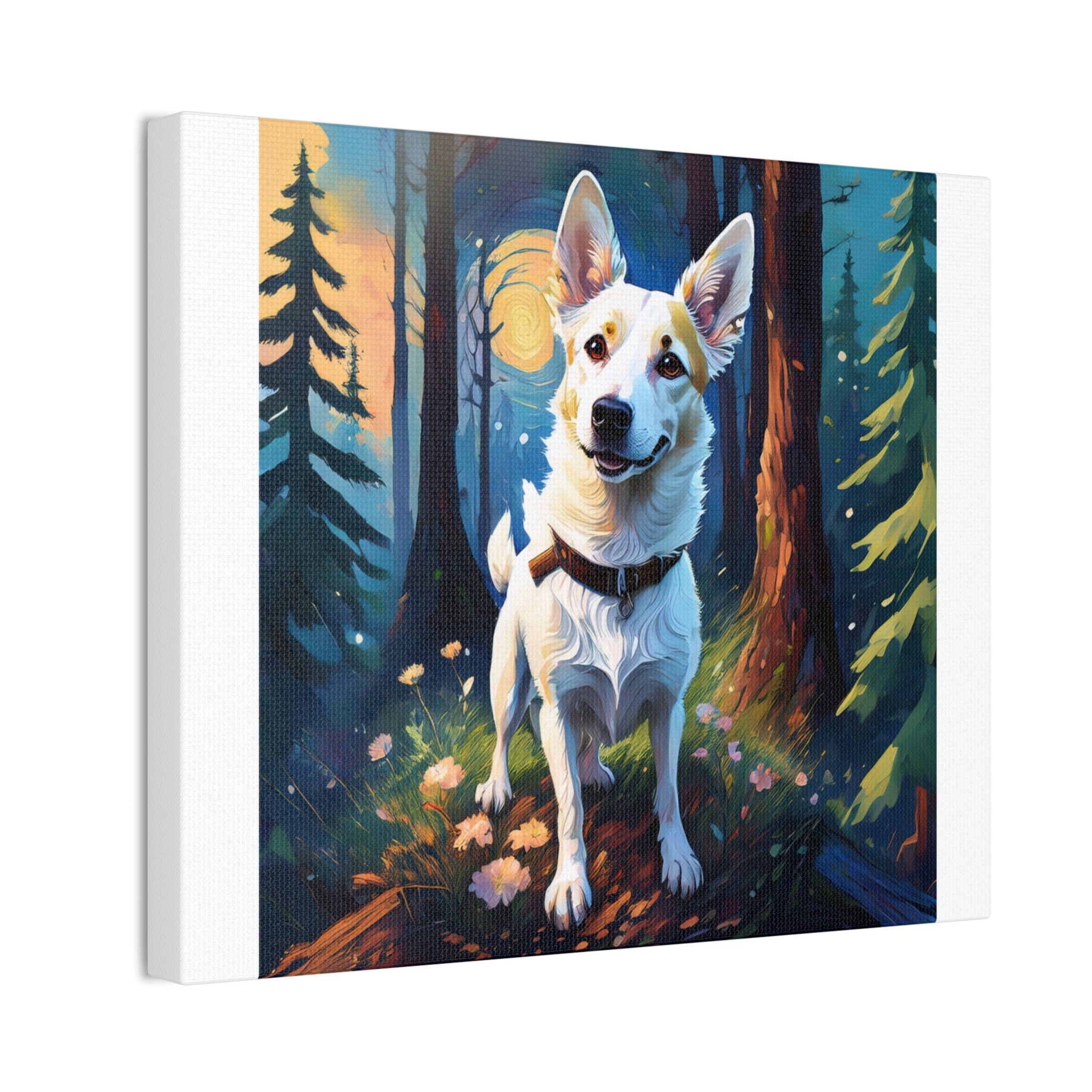 White/Tan Dog Forest Walk Cavas Painting