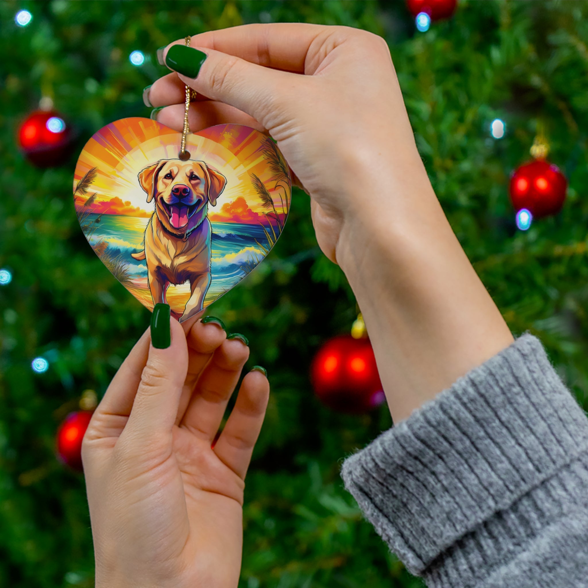 Yellow Lab Sunset Beach Ceramic Ornament