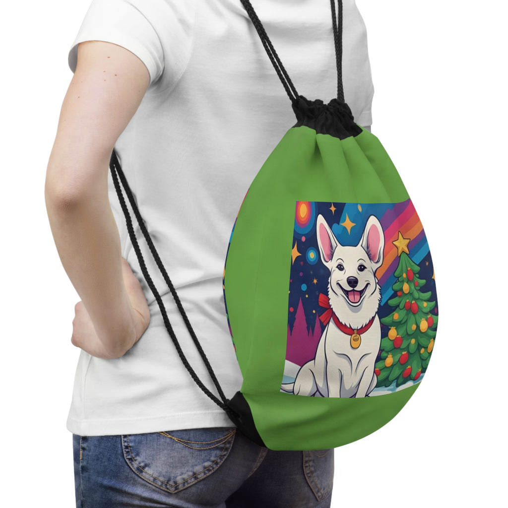 White Corgi Holiday Drawstring Bag
