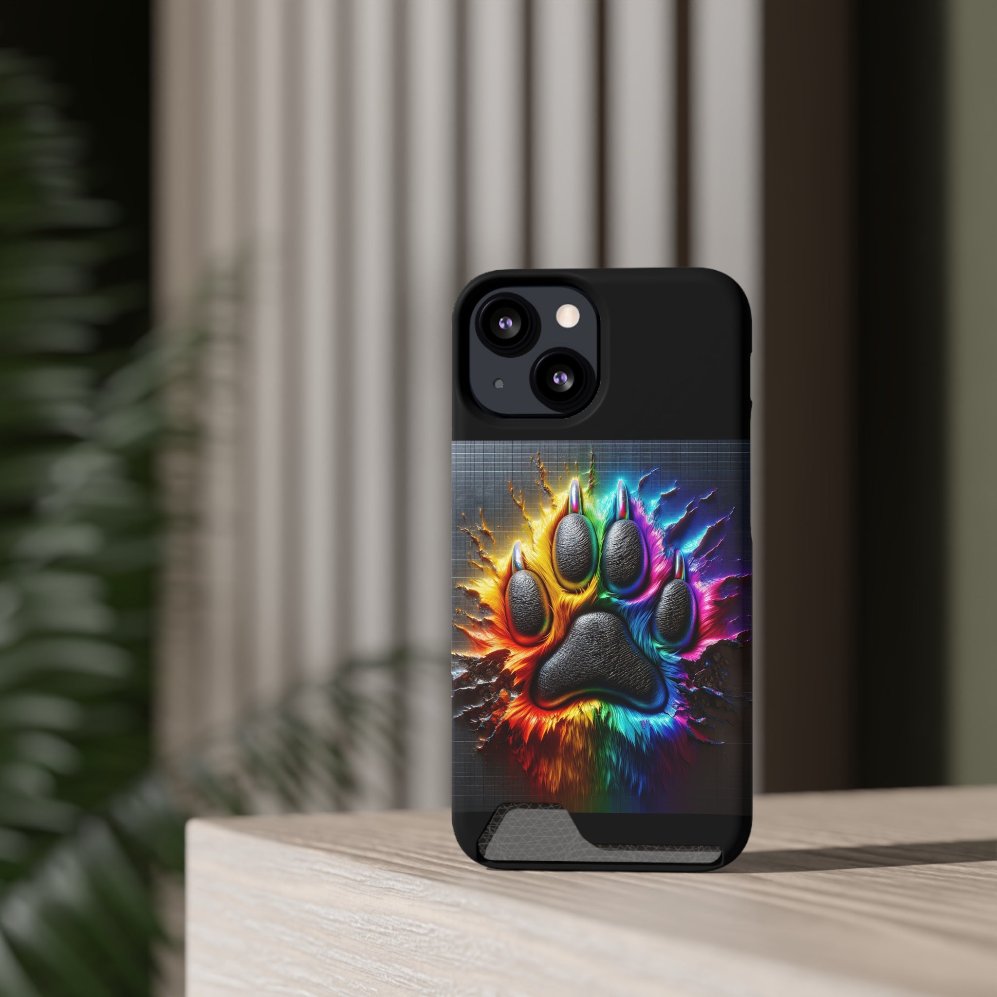 Electric Rainbow Dog Paw Phone Case with Card Holder
