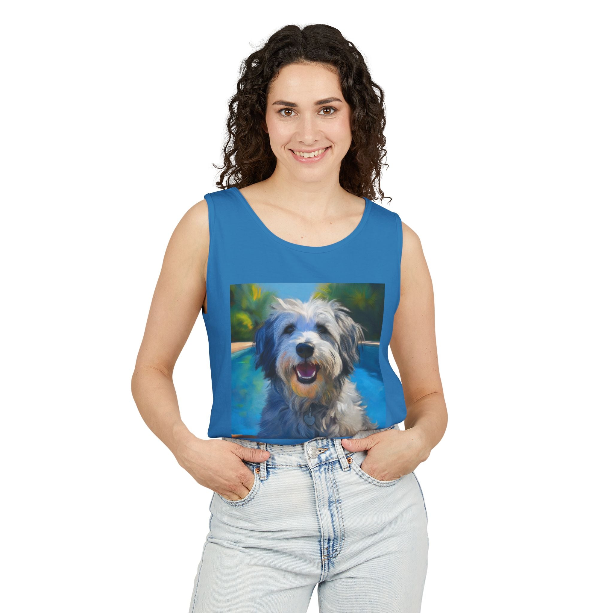 Grey Shaggy Dog Poolside Unisex Tank Top