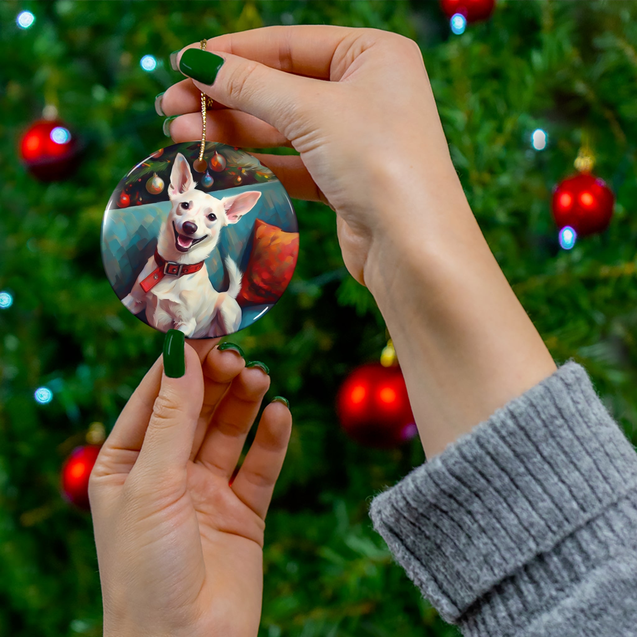White Corgi Holiday II Ceramic Ornament