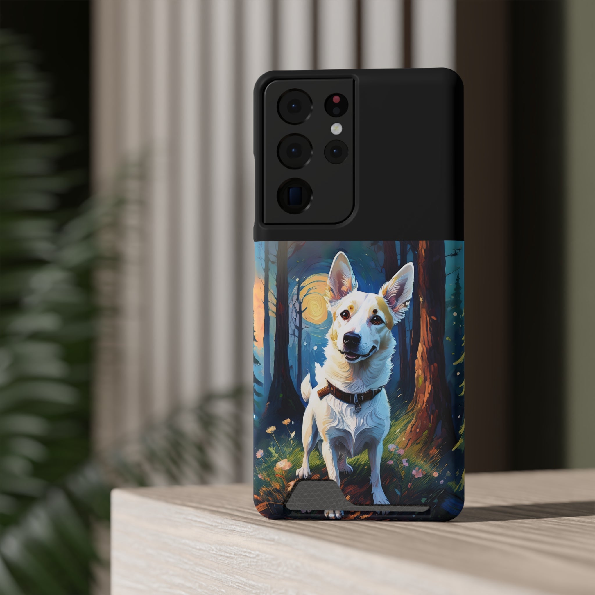 White/Tan Dog Forest Walk Phone Case with Card Holder
