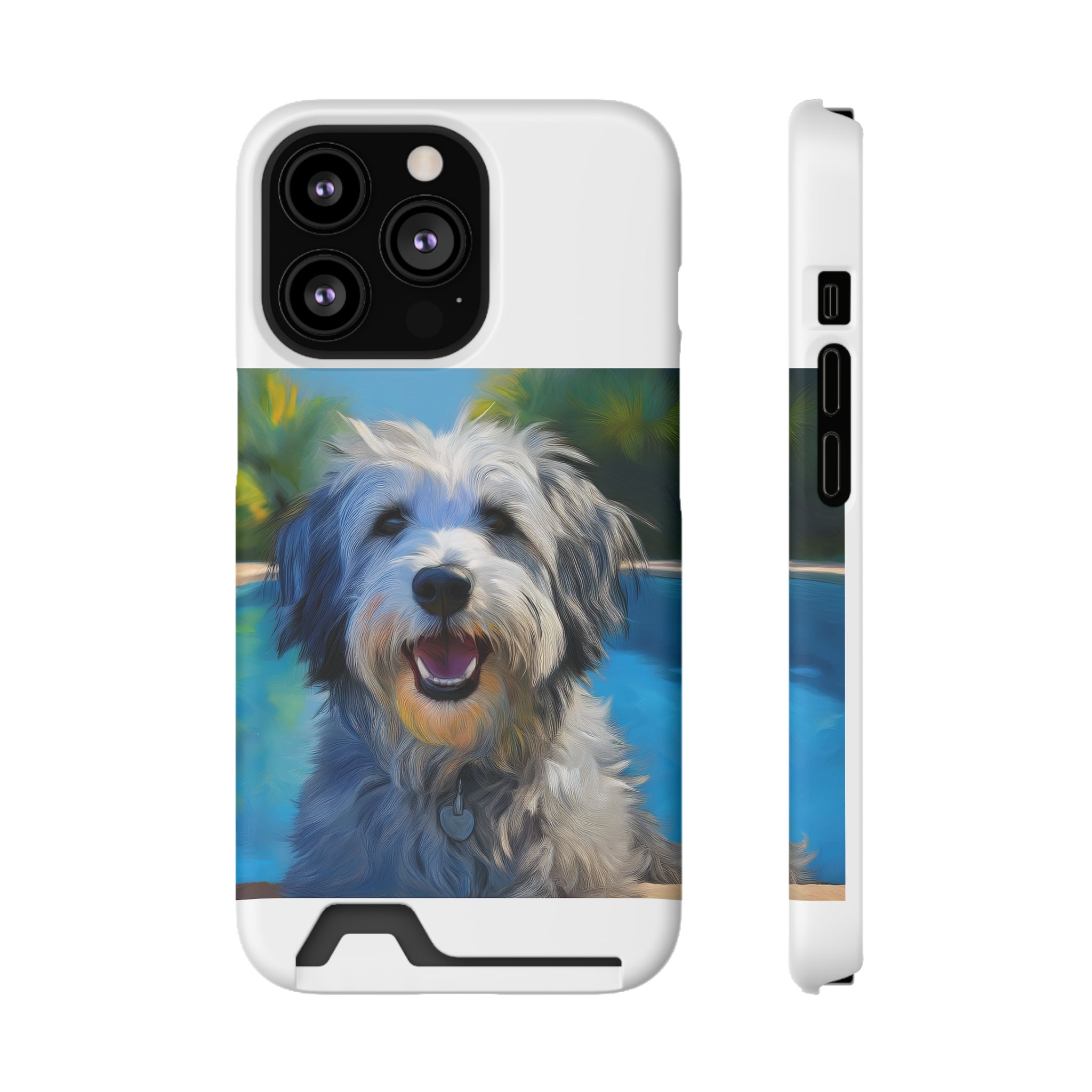 Grey Shaggy Dog Poolside Phone Case with Card Holder