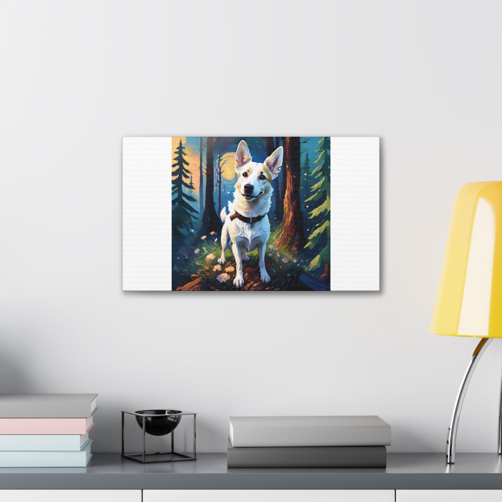 White/Tan Dog Forest Walk Cavas Painting