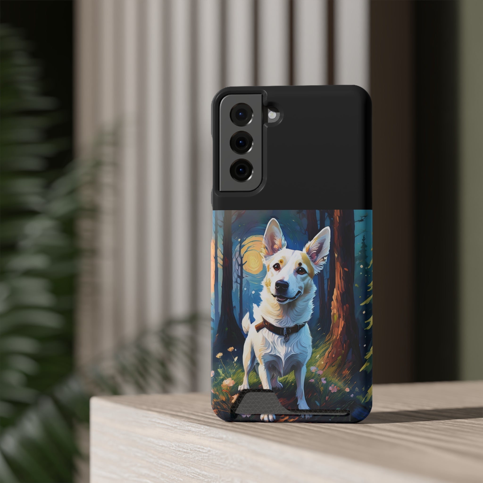 White/Tan Dog Forest Walk Phone Case with Card Holder