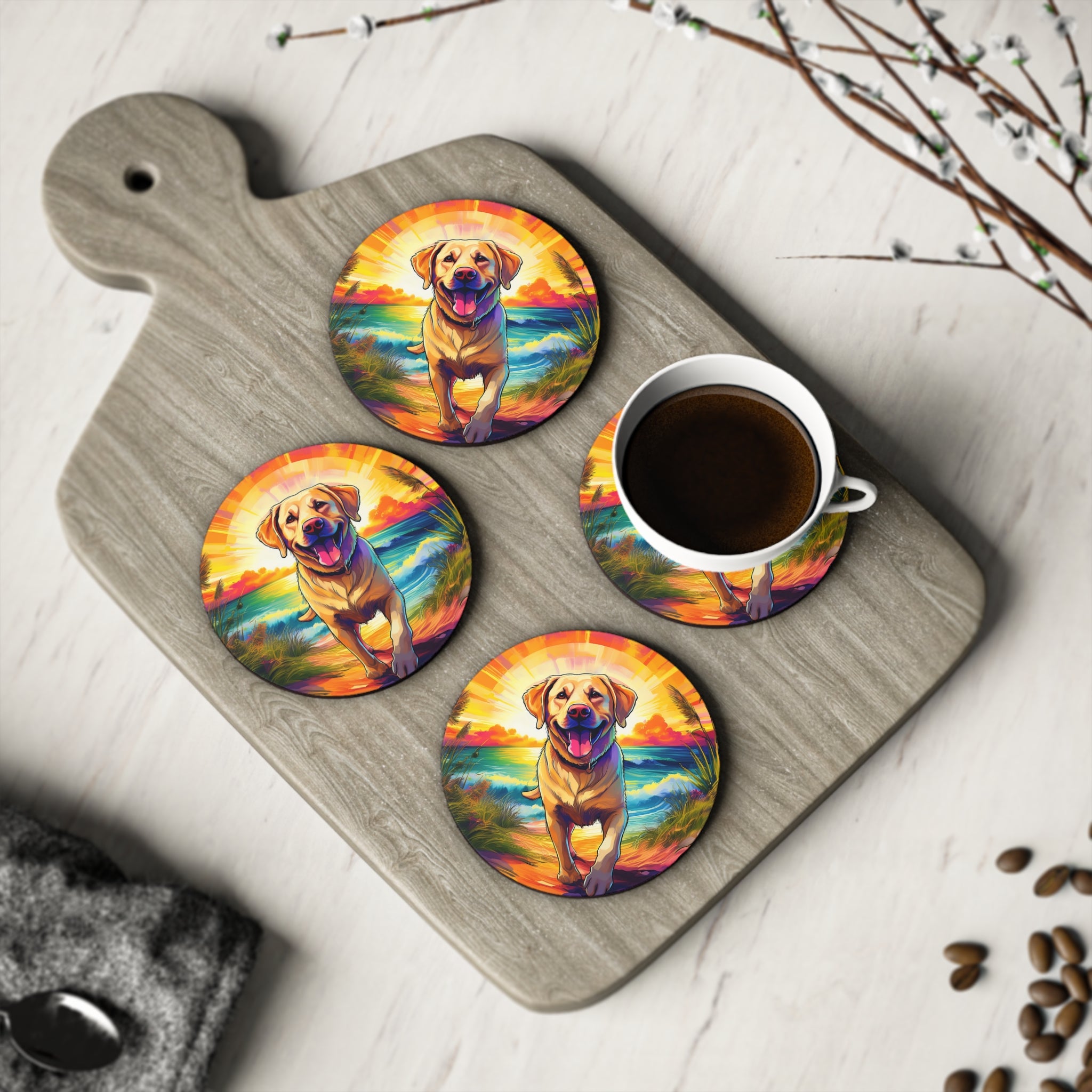 Yellow Lab Sunset Beach Coasters