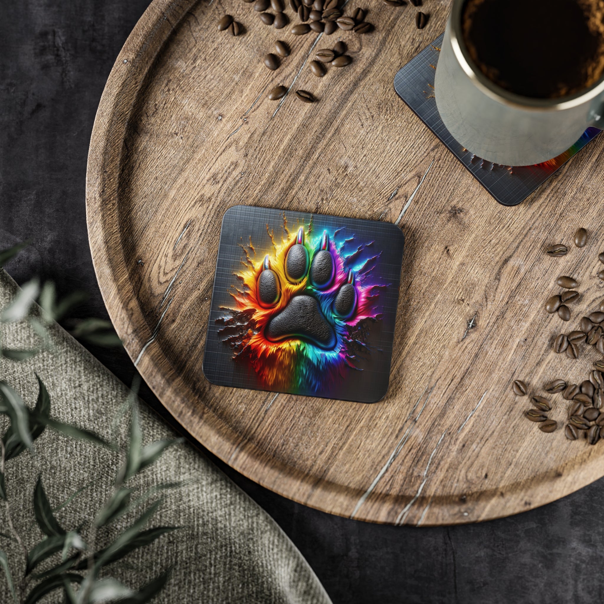 Electric Rainbow Dog Paw Coasters