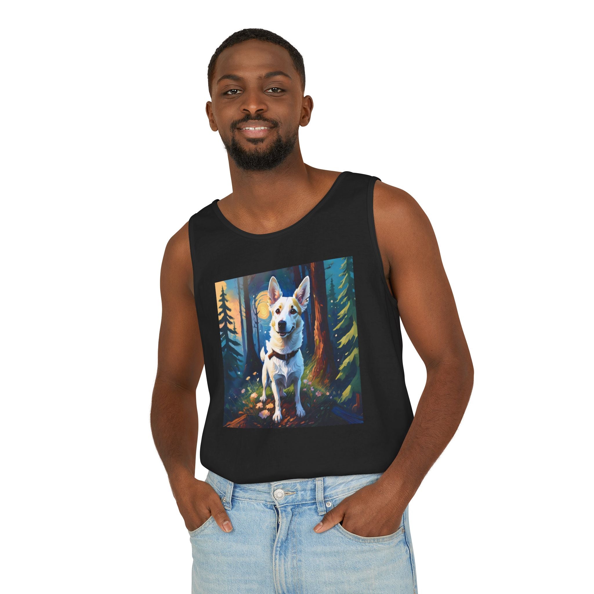 White/Tan Dog Forest Walk Unisex Tank Top
