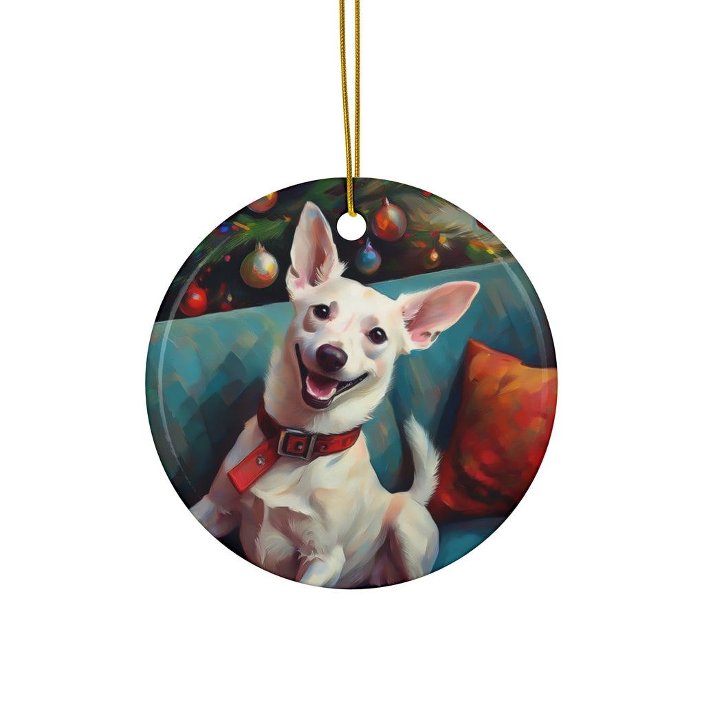 White Corgi Holiday II Ceramic Ornament
