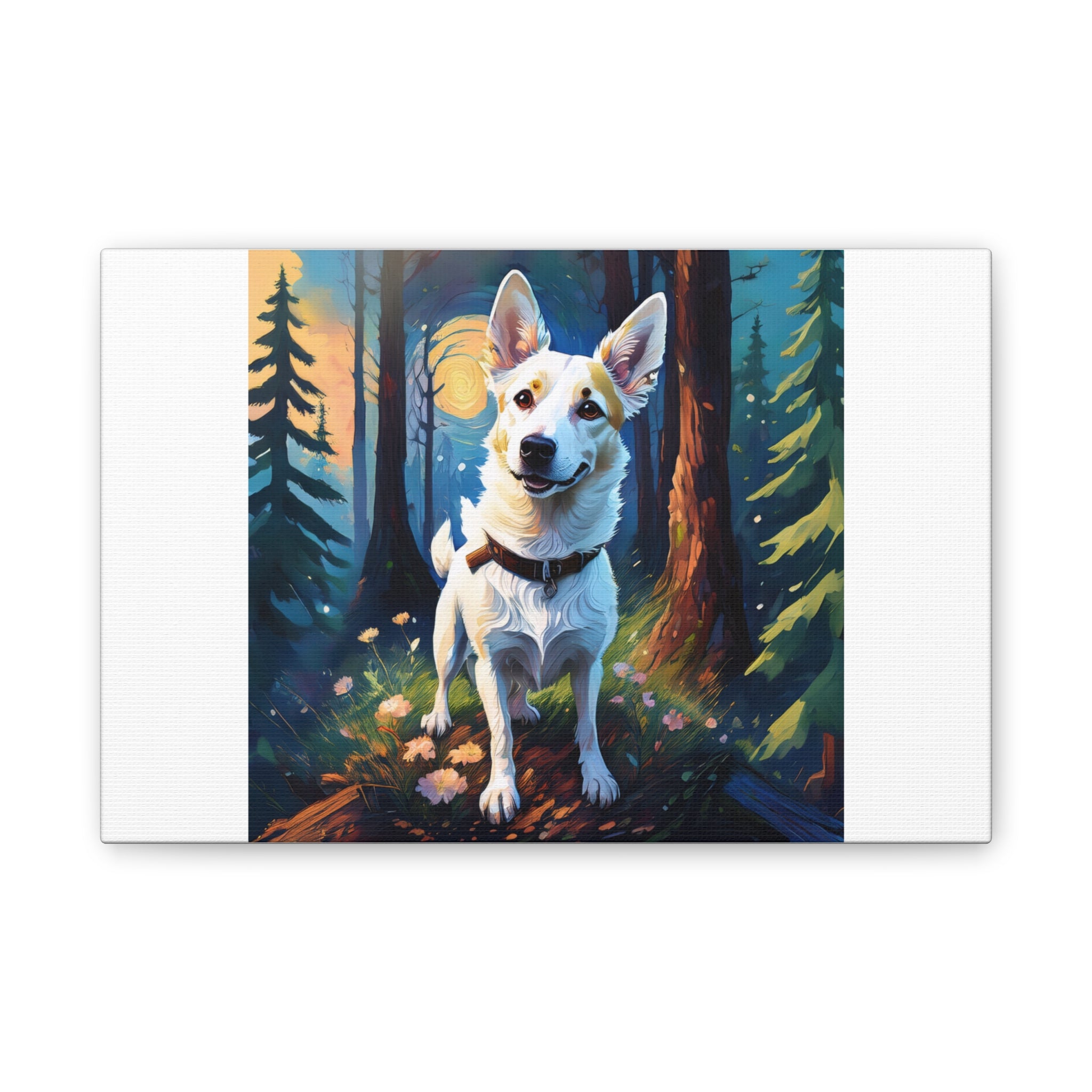 White/Tan Dog Forest Walk Cavas Painting