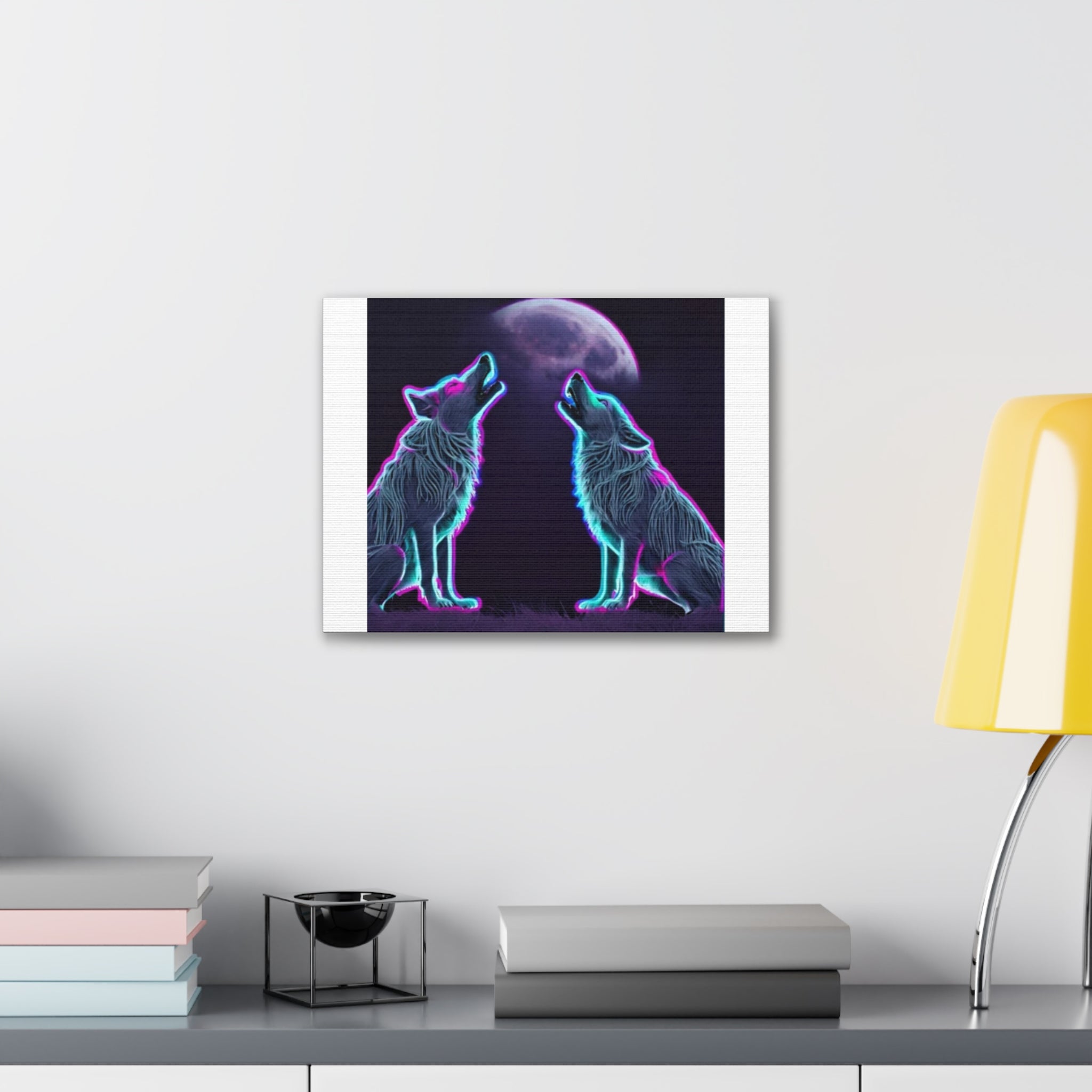 Neon Wolves Howling Canvas Stretched, 0.75"