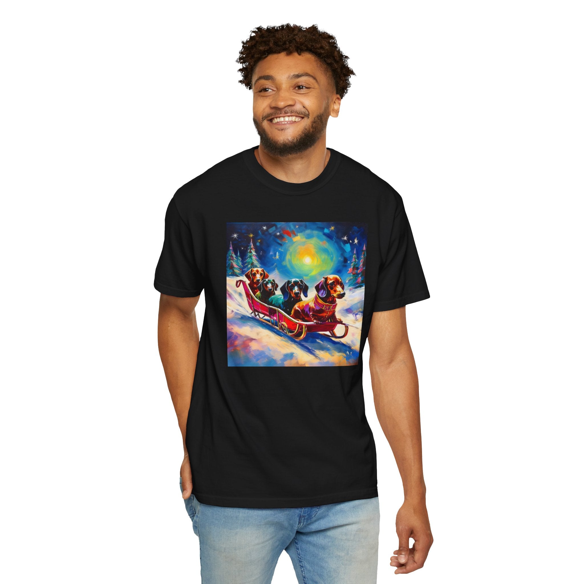 Dachshund Night Sleighride Unisex Garment-Dyed T-shirt