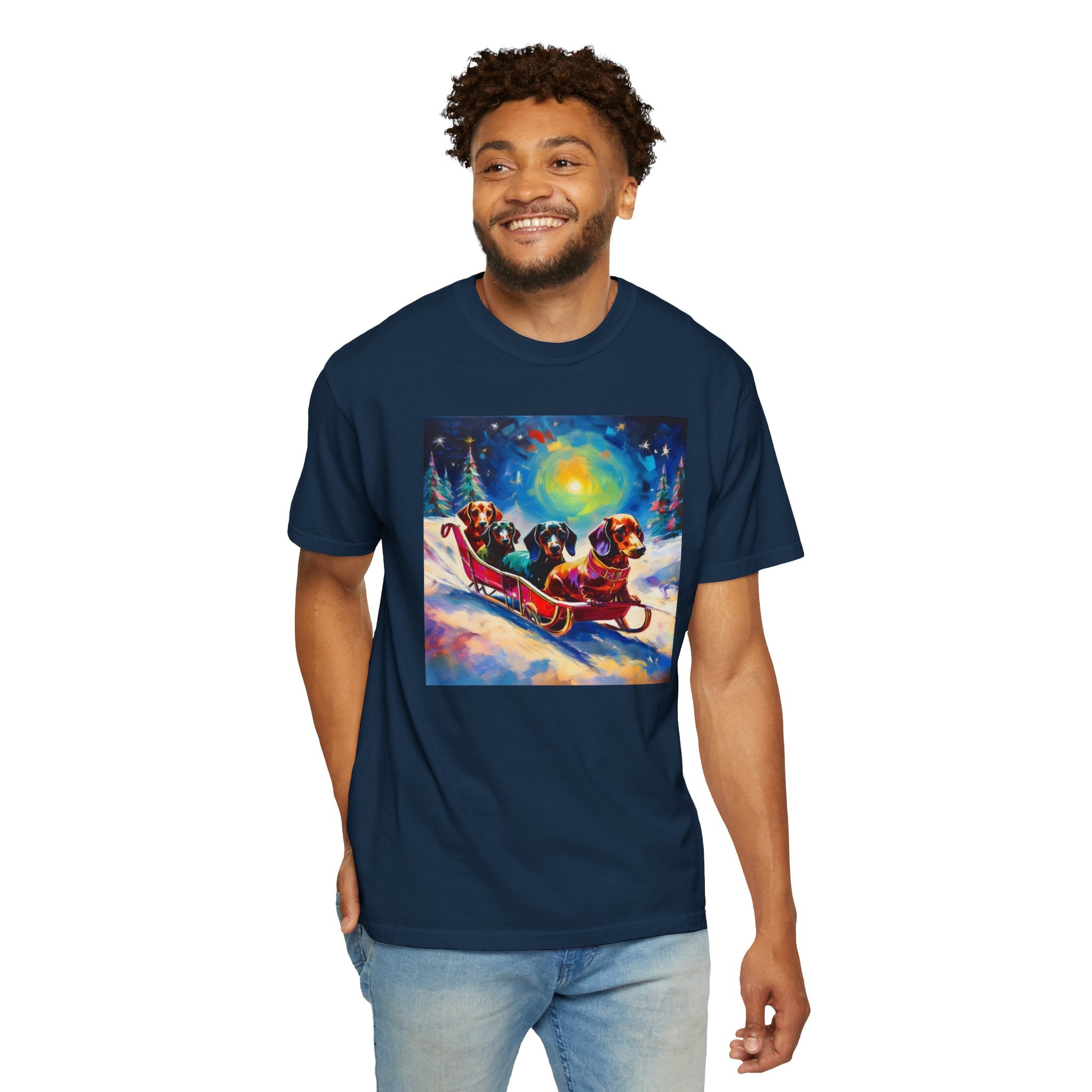 Dachshund Night Sleighride Unisex Garment-Dyed T-shirt