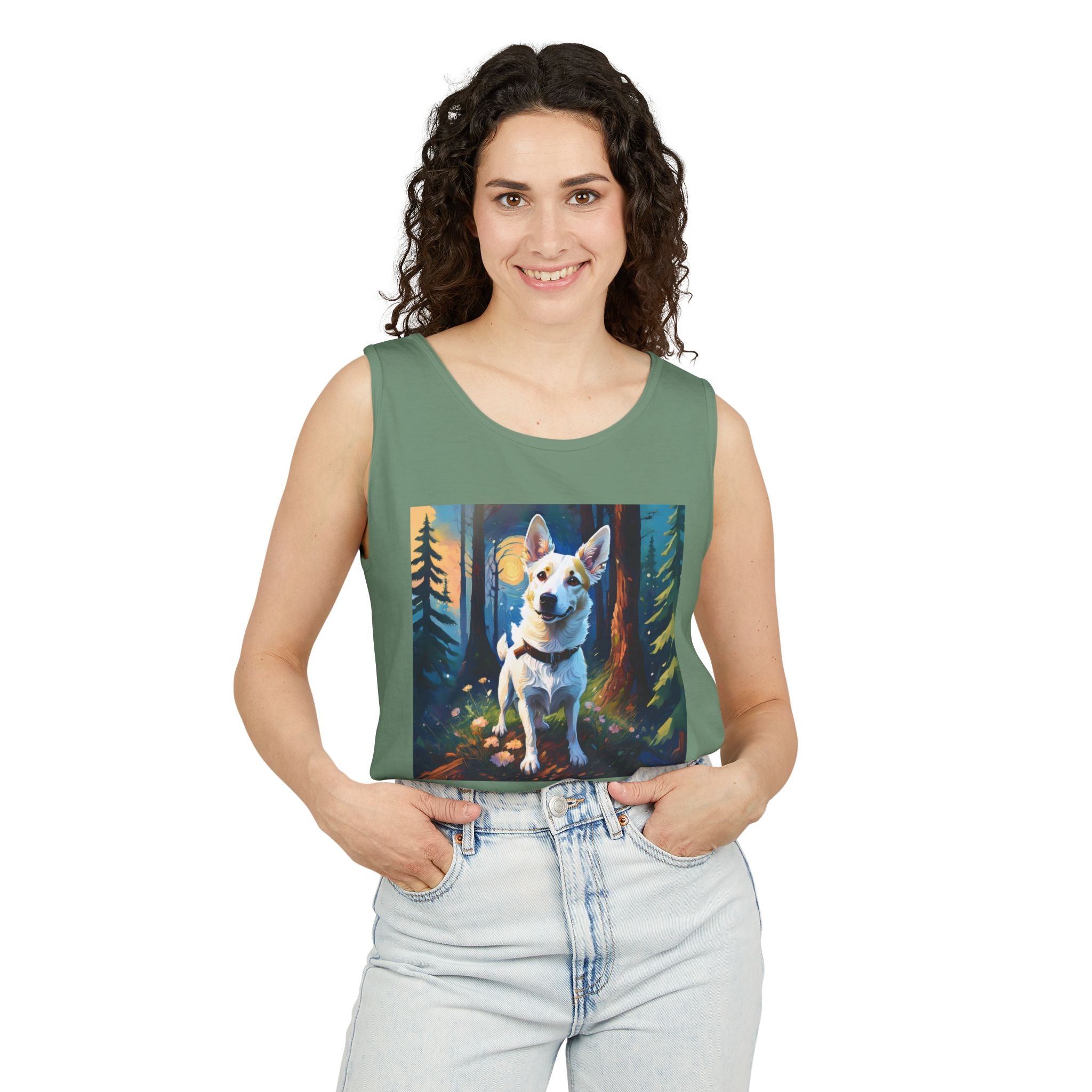 White/Tan Dog Forest Walk Unisex Tank Top