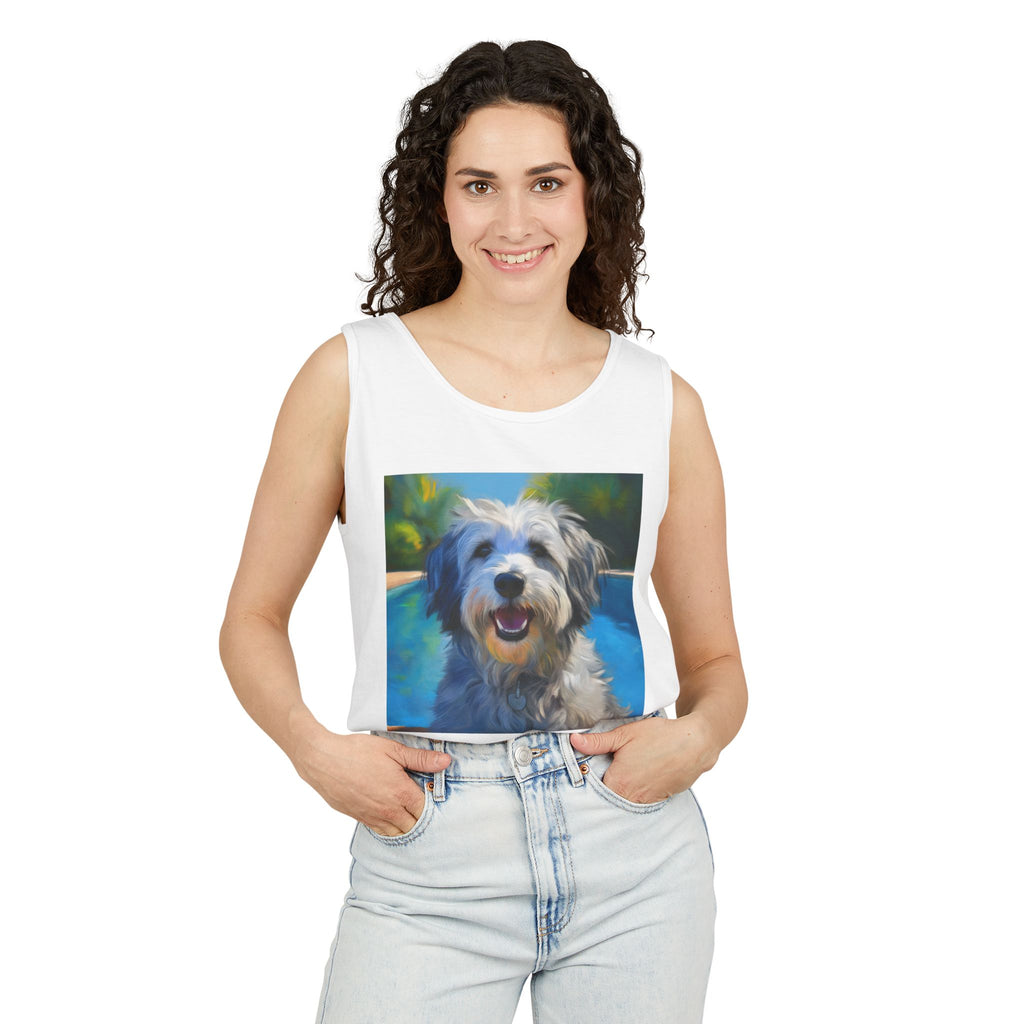 Grey Shaggy Dog Poolside Unisex Tank Top