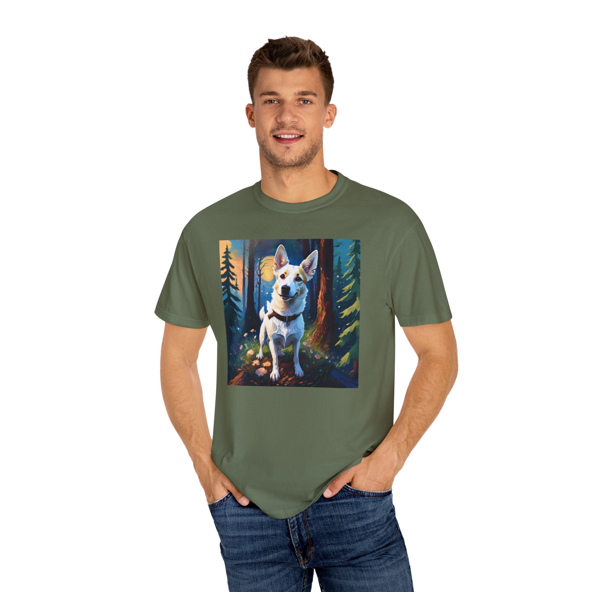 White/Tan Dog Forest Walk Unisex Garment-Dyed T-shirt