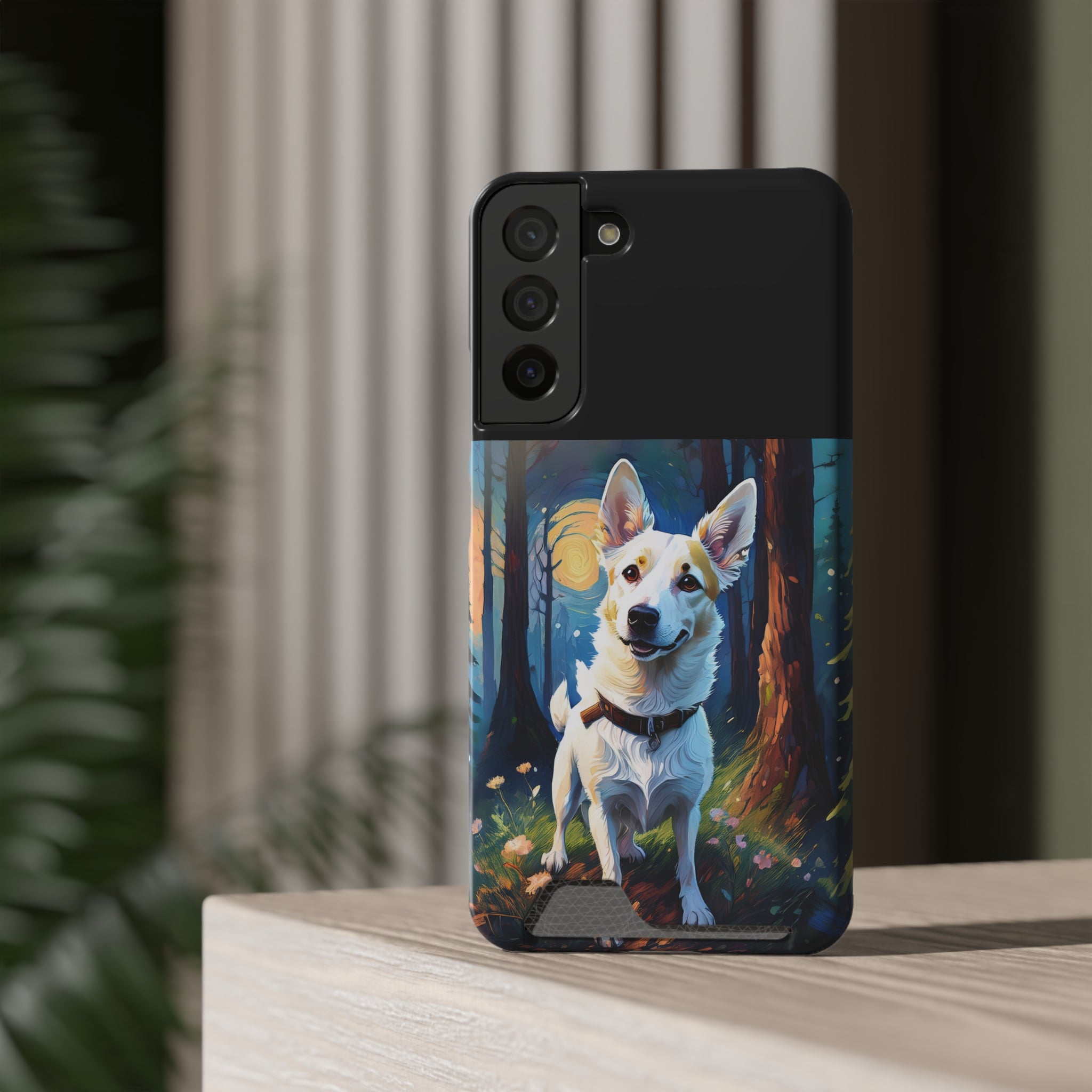 White/Tan Dog Forest Walk Phone Case with Card Holder