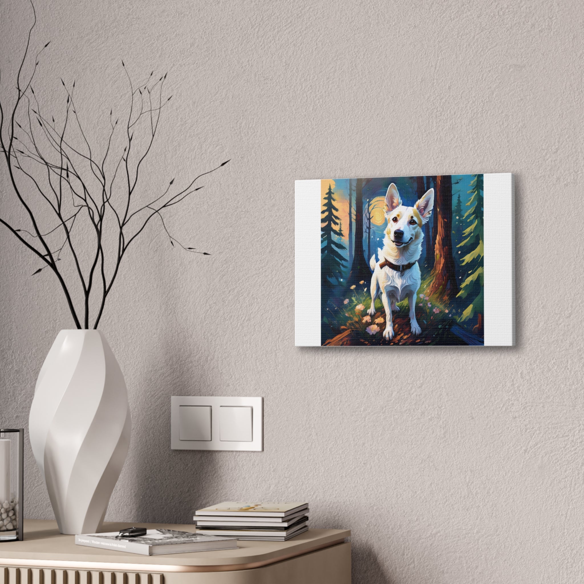 White/Tan Dog Forest Walk Cavas Painting