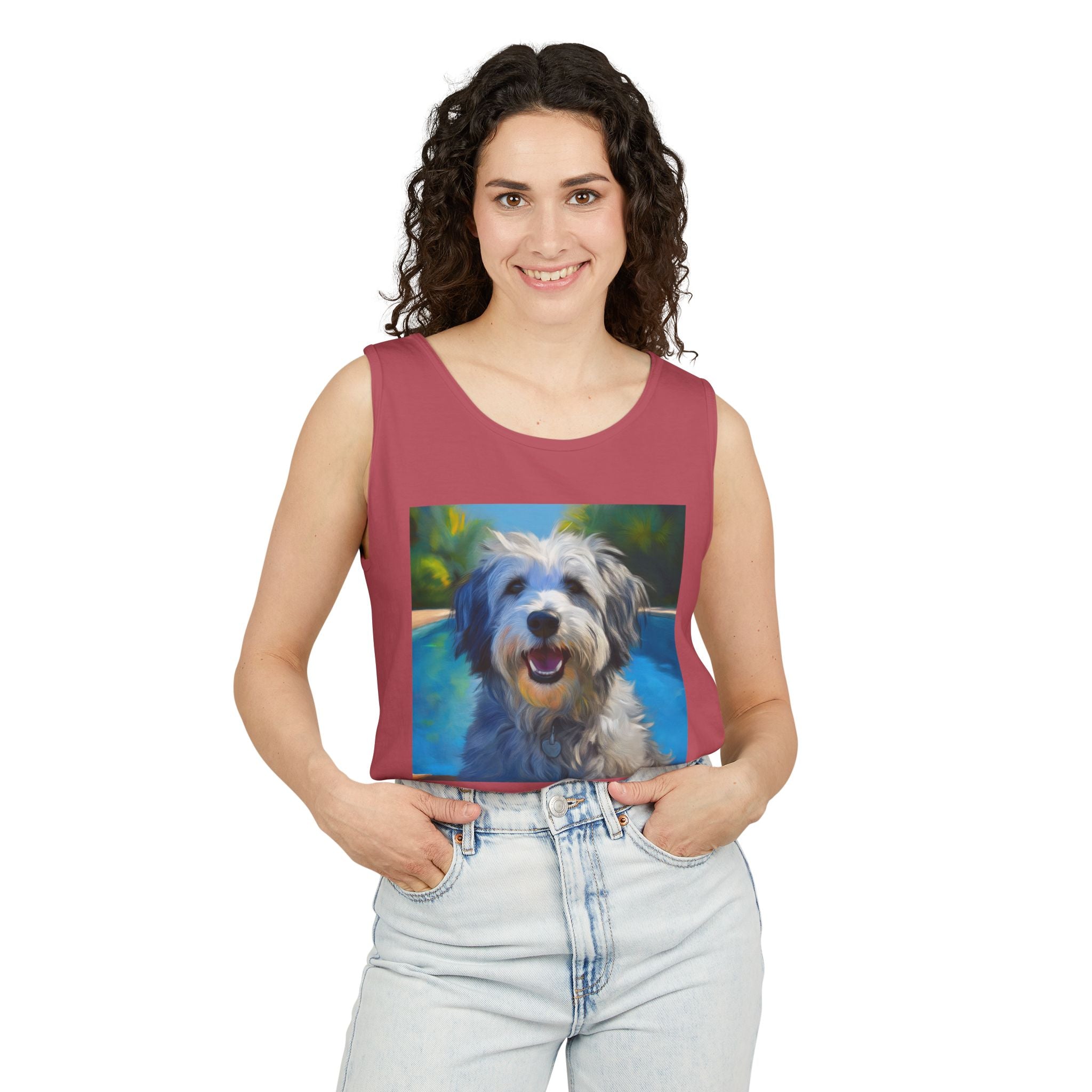 Grey Shaggy Dog Poolside Unisex Tank Top