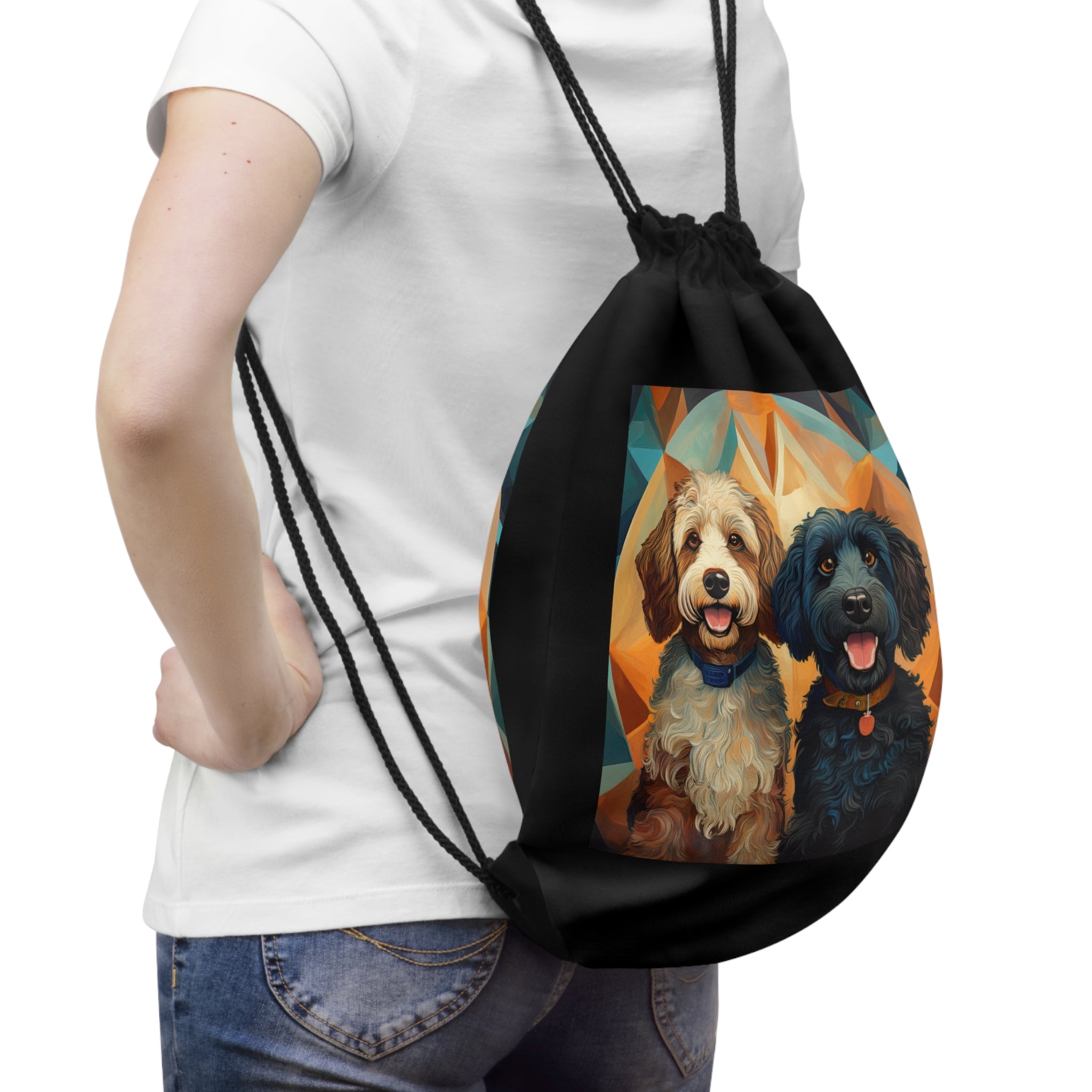 Doodles, Black & Tan Drawstring Bag