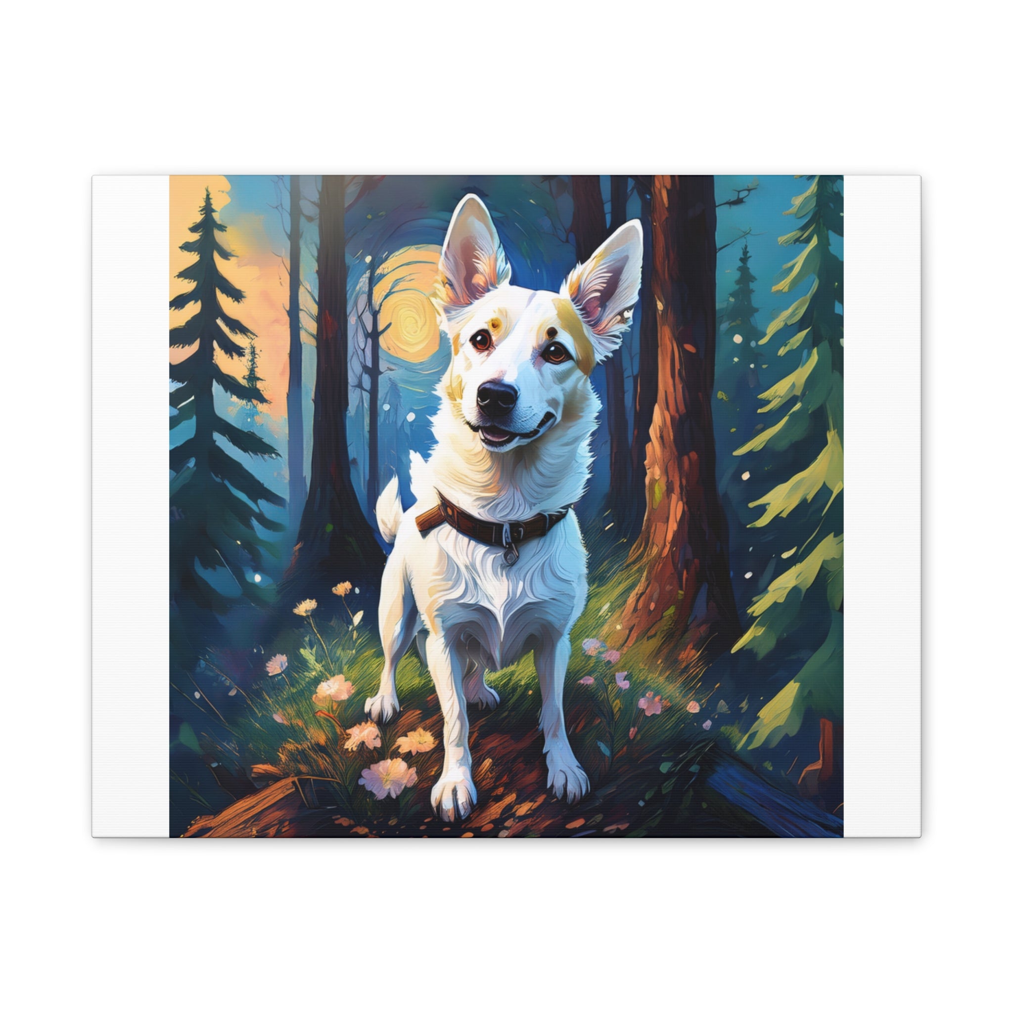 White/Tan Dog Forest Walk Cavas Painting