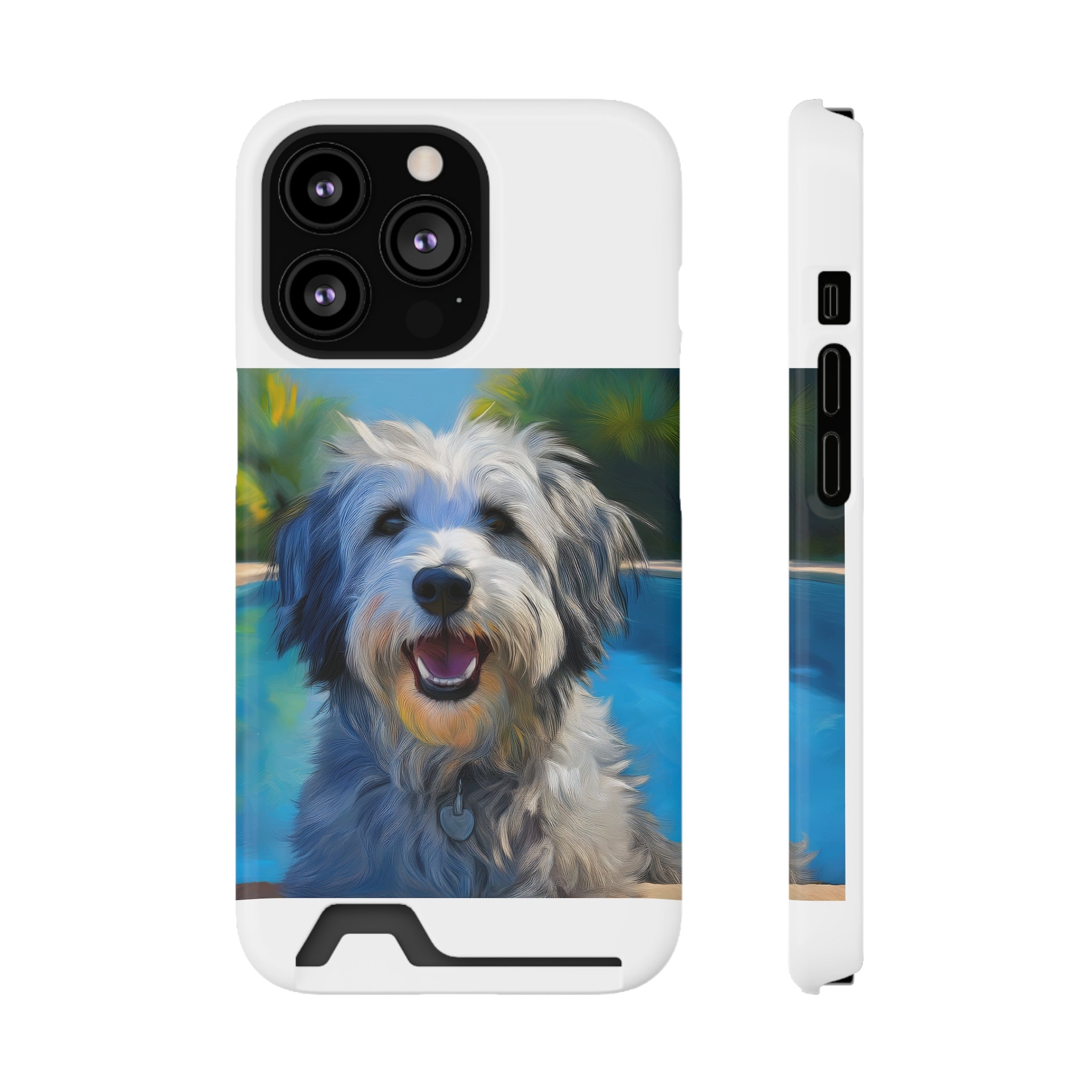 Grey Shaggy Dog Poolside Phone Case with Card Holder