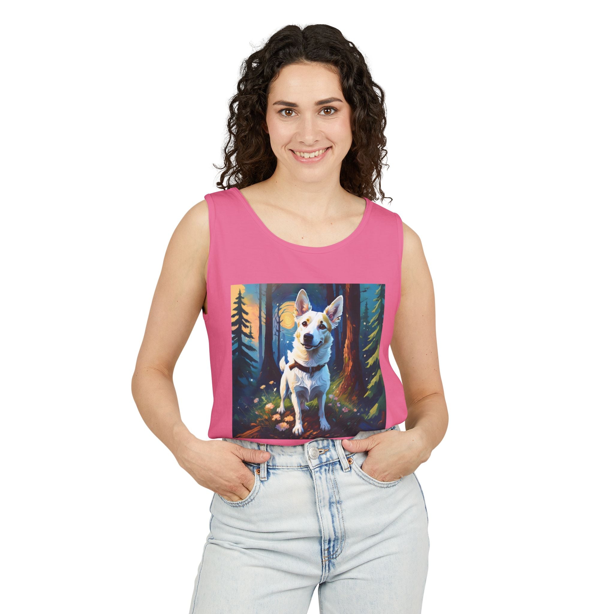 White/Tan Dog Forest Walk Unisex Tank Top