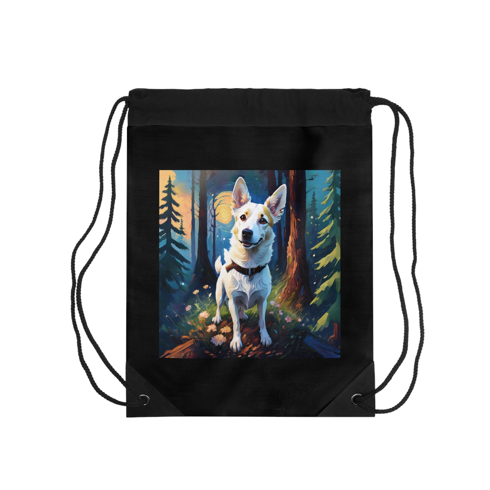 White/Tan Dog Forest Walk Drawstring Bag