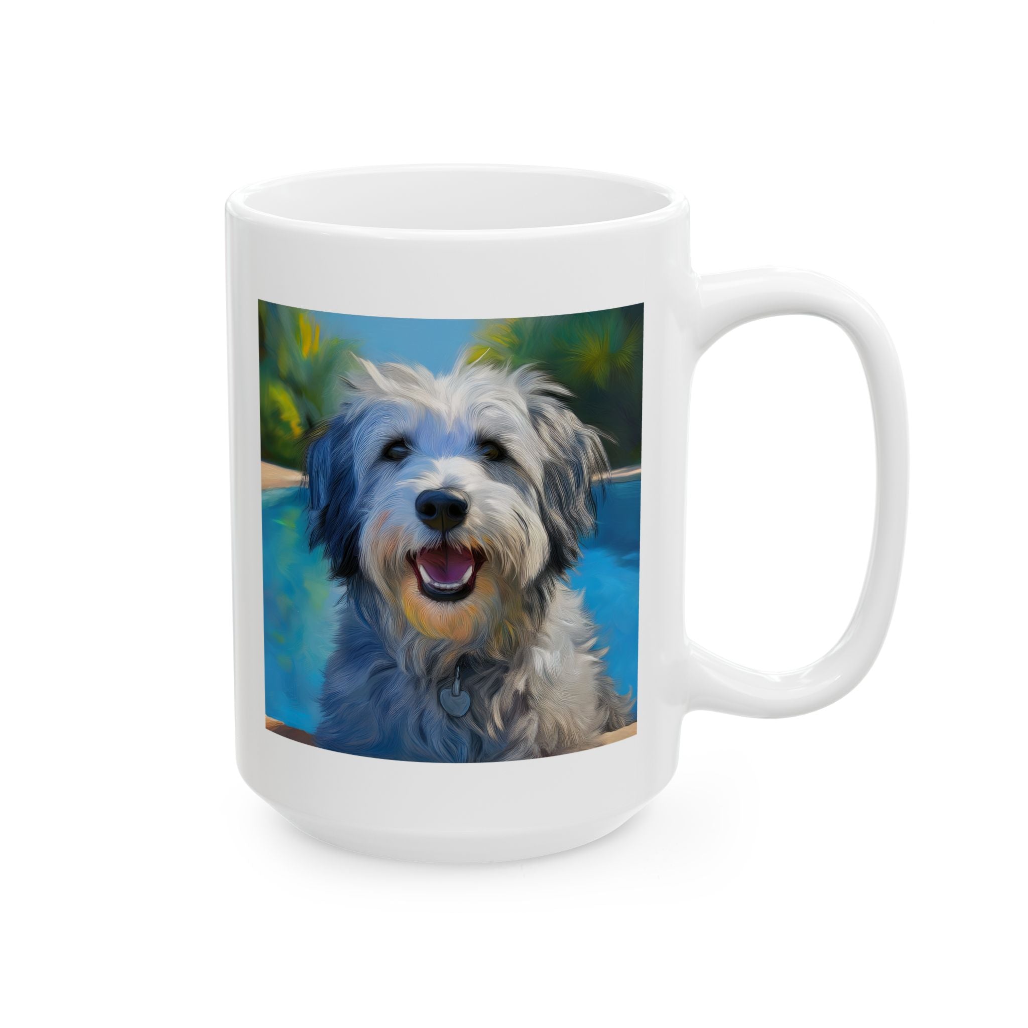 Grey Shaggy Dog Poolside Ceramic Mug, (11oz, 15oz)