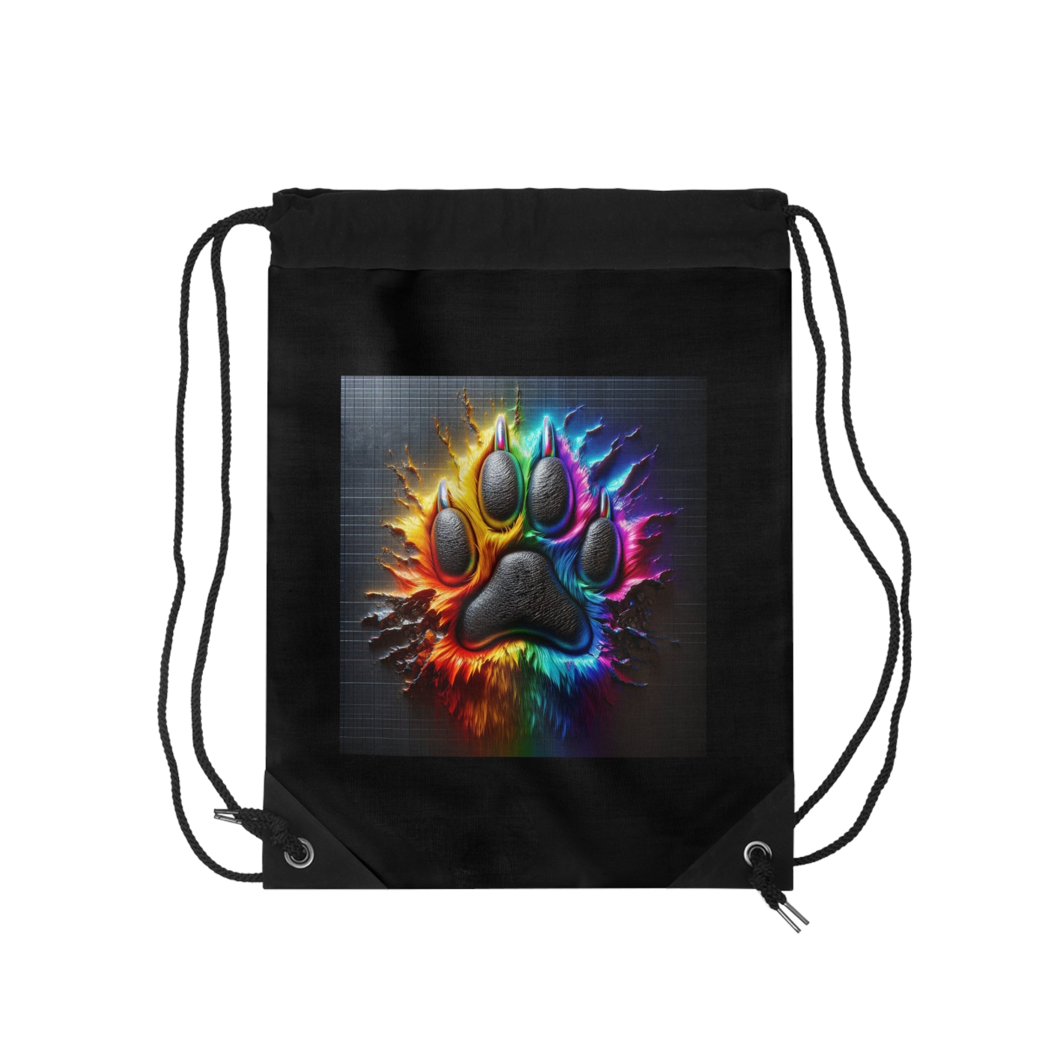 Electric Rainbow Dog Paw Drawstring Bag