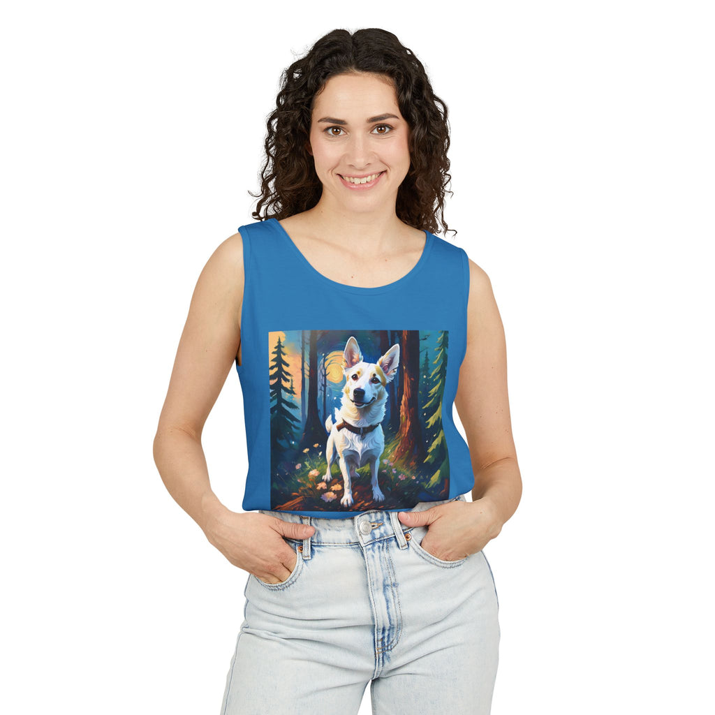 White/Tan Dog Forest Walk Unisex Tank Top