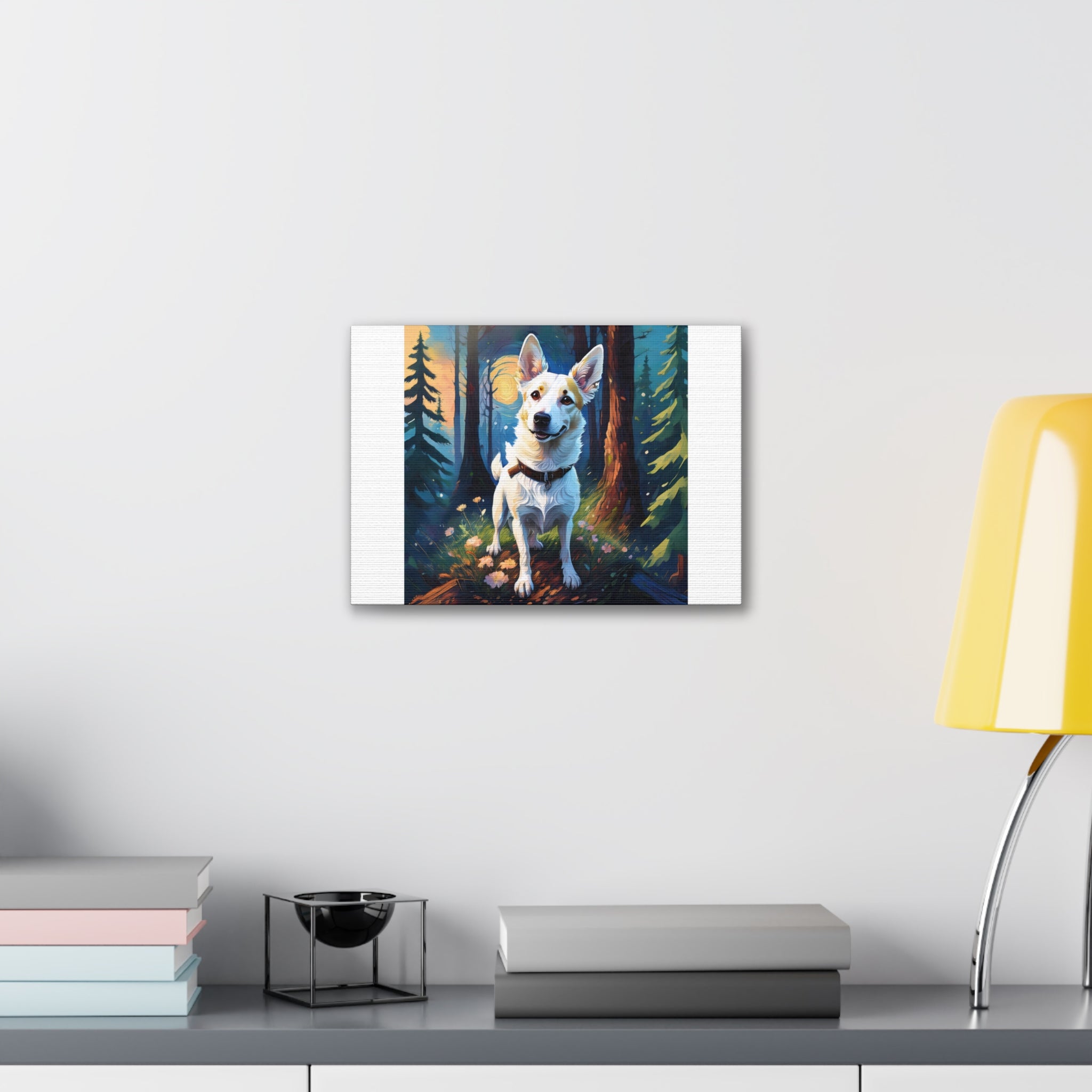 White/Tan Dog Forest Walk Cavas Painting