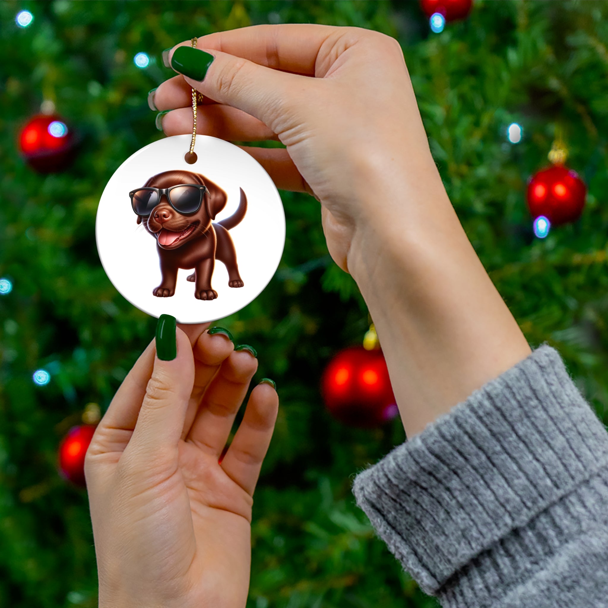 Chocolate Lab w/ sunglasses Ceramic Ornament