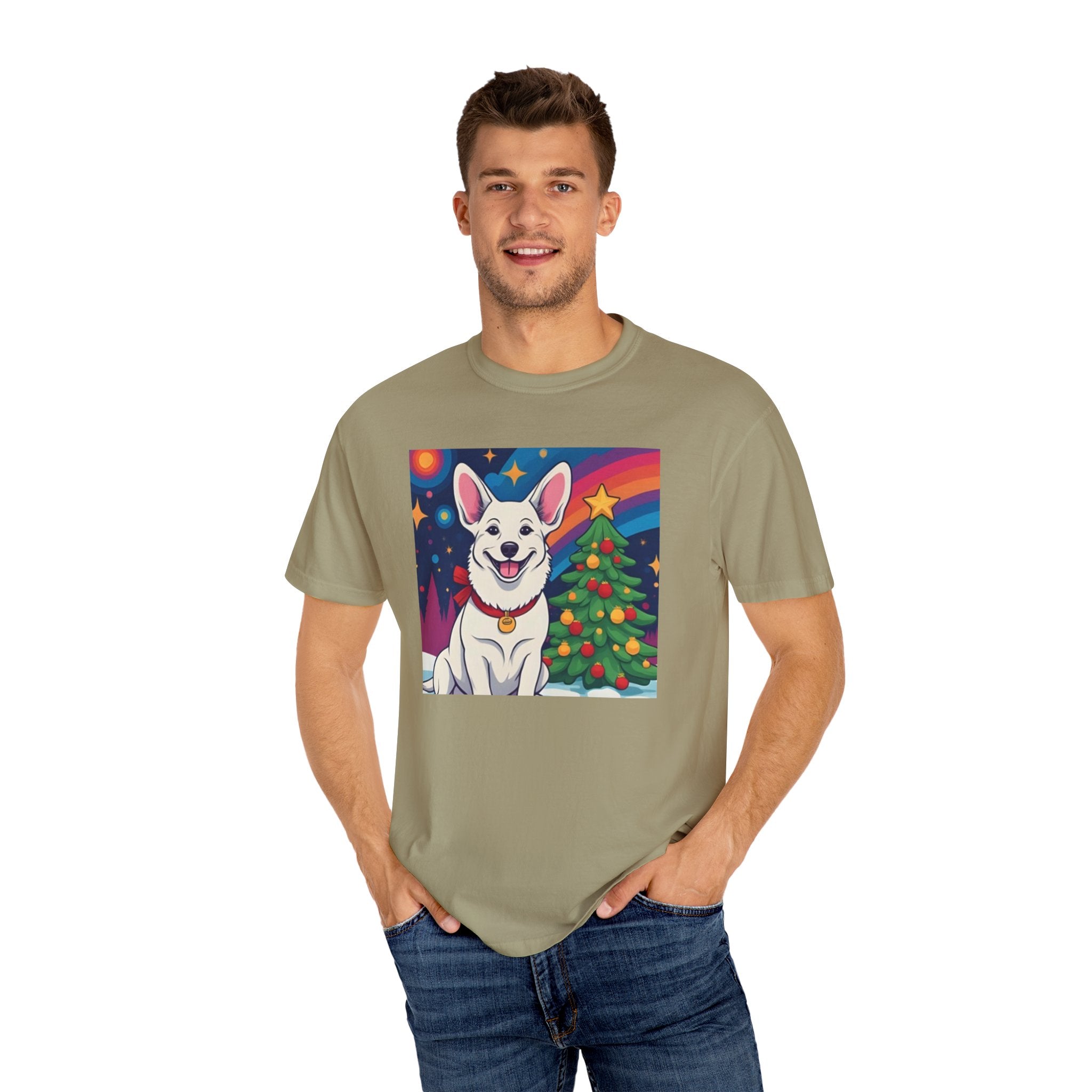 White Corgi Holiday Unisex Garment-Dyed T-shirt