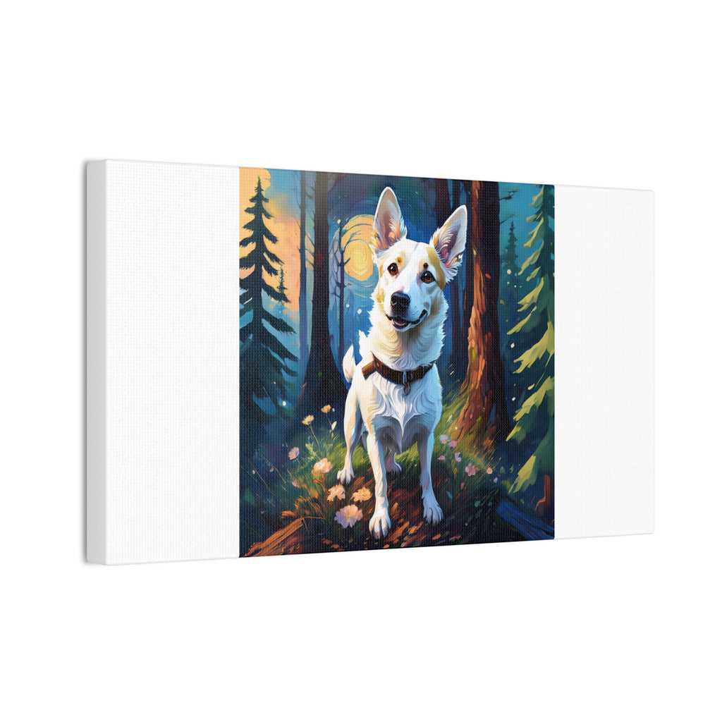 White/Tan Dog Forest Walk Cavas Painting
