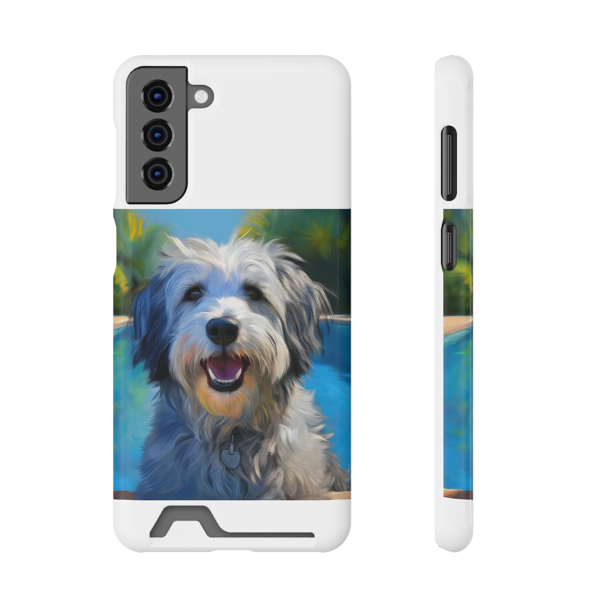 Grey Shaggy Dog Poolside Phone Case with Card Holder