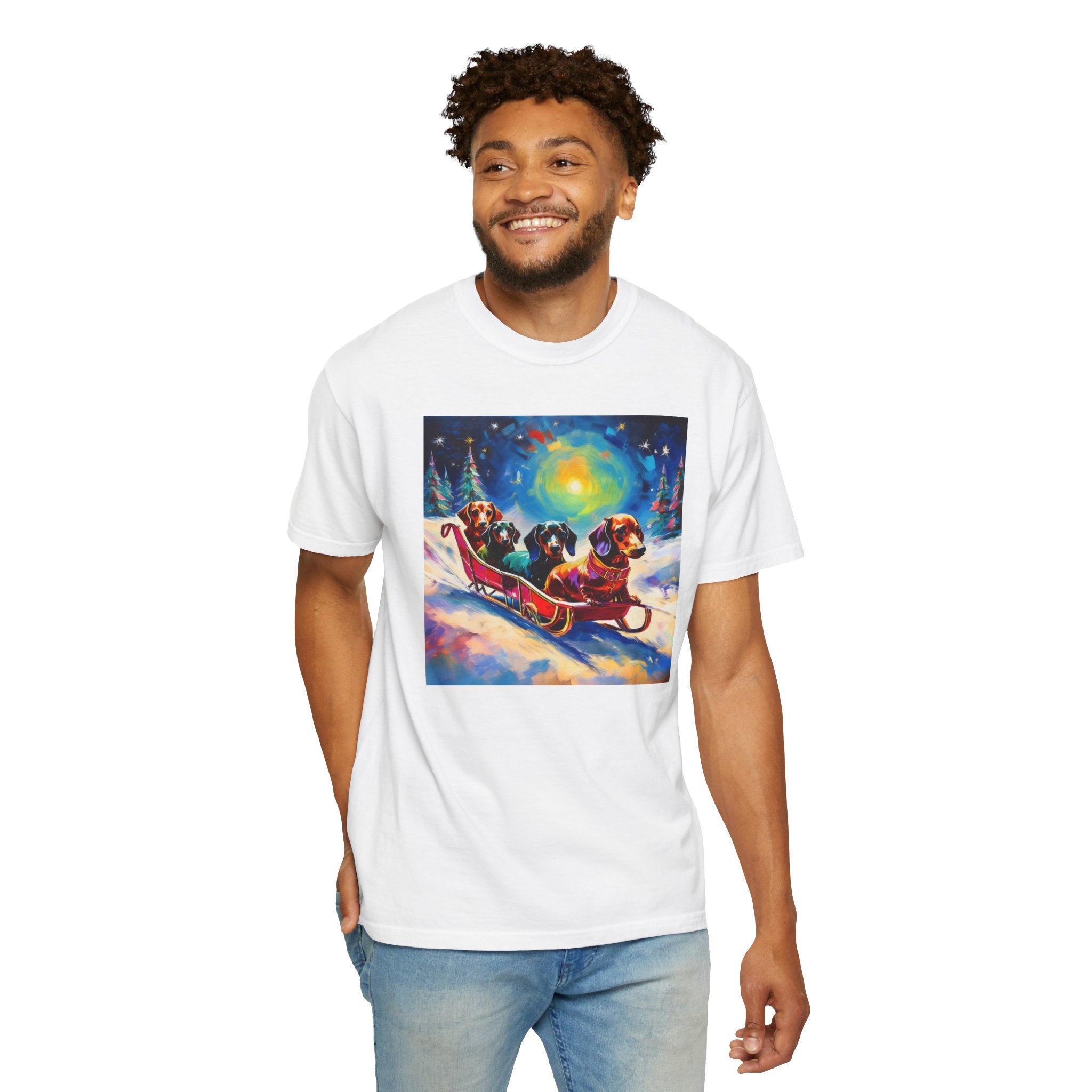 Dachshund Night Sleighride Unisex Garment-Dyed T-shirt
