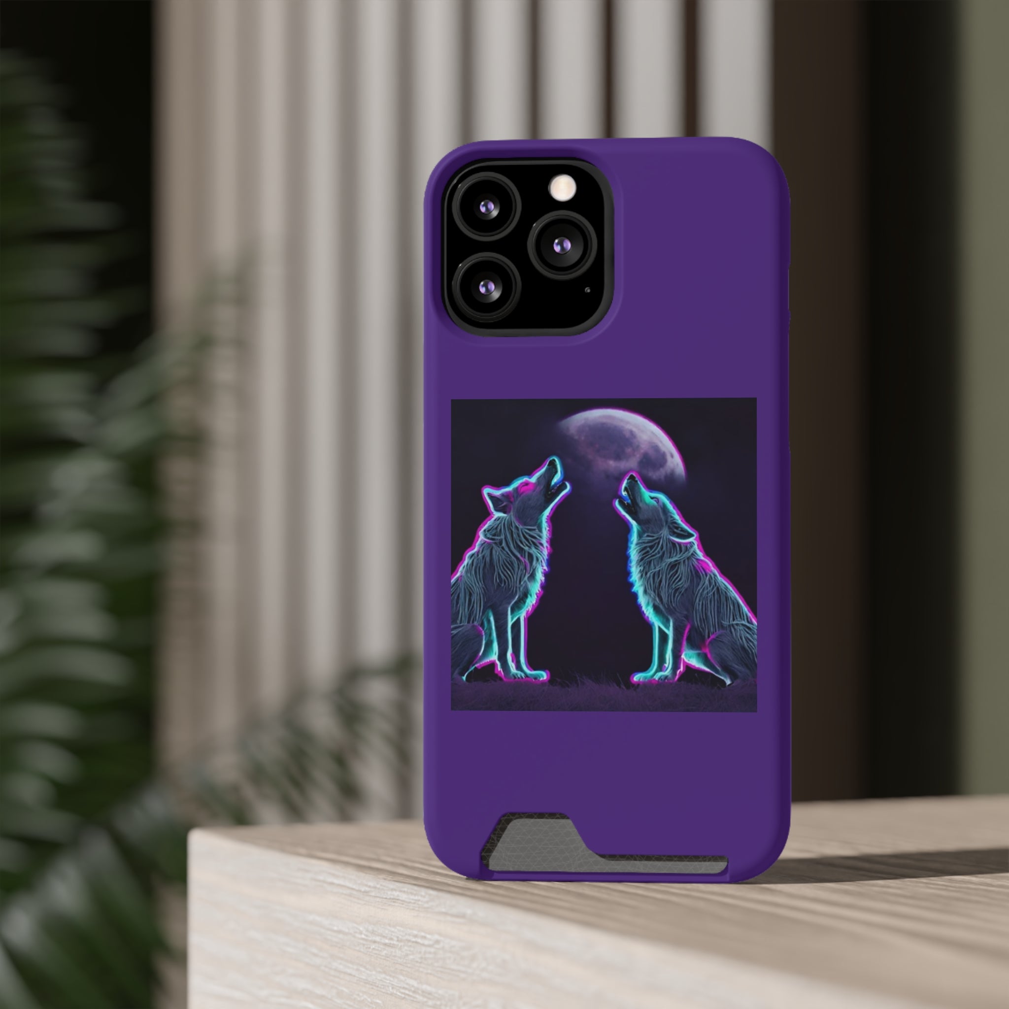 Neon Wolves Howling Phone Case with Card Holder