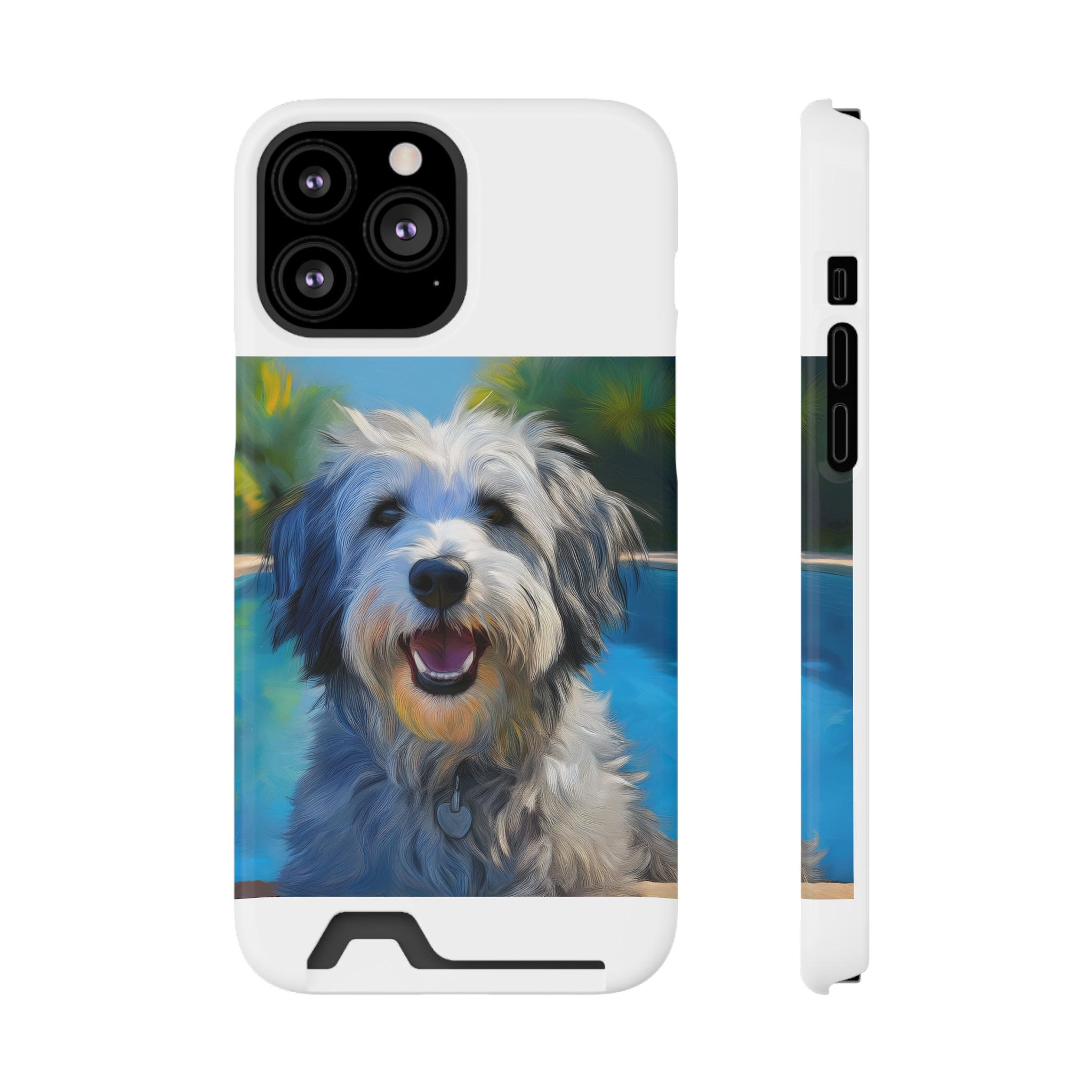 Grey Shaggy Dog Poolside Phone Case with Card Holder