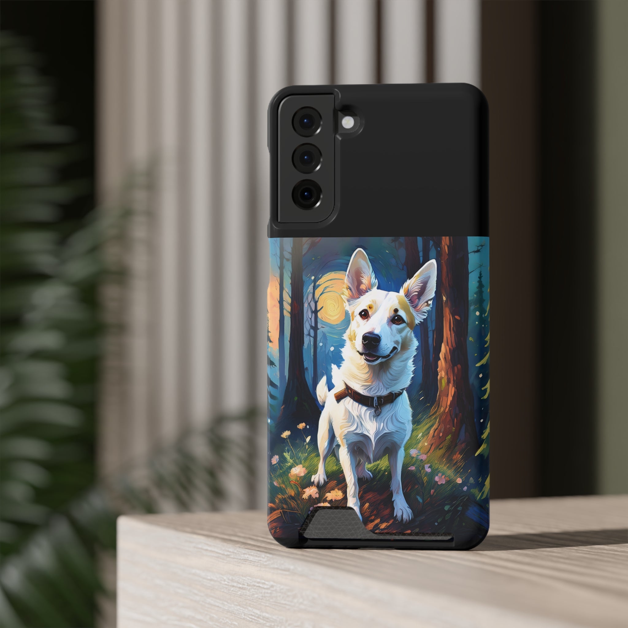 White/Tan Dog Forest Walk Phone Case with Card Holder