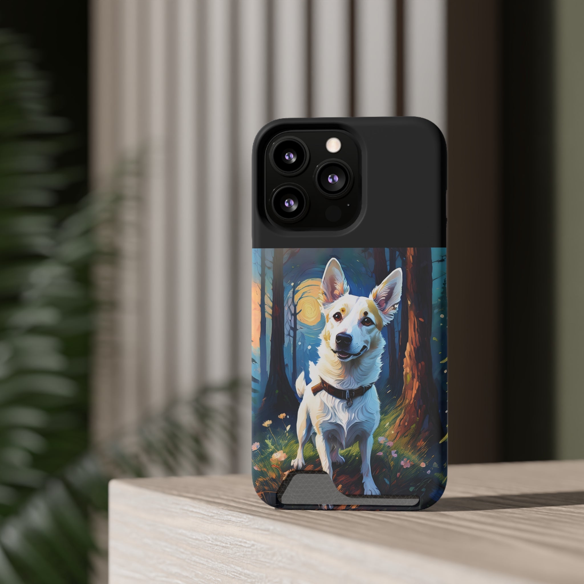 White/Tan Dog Forest Walk Phone Case with Card Holder