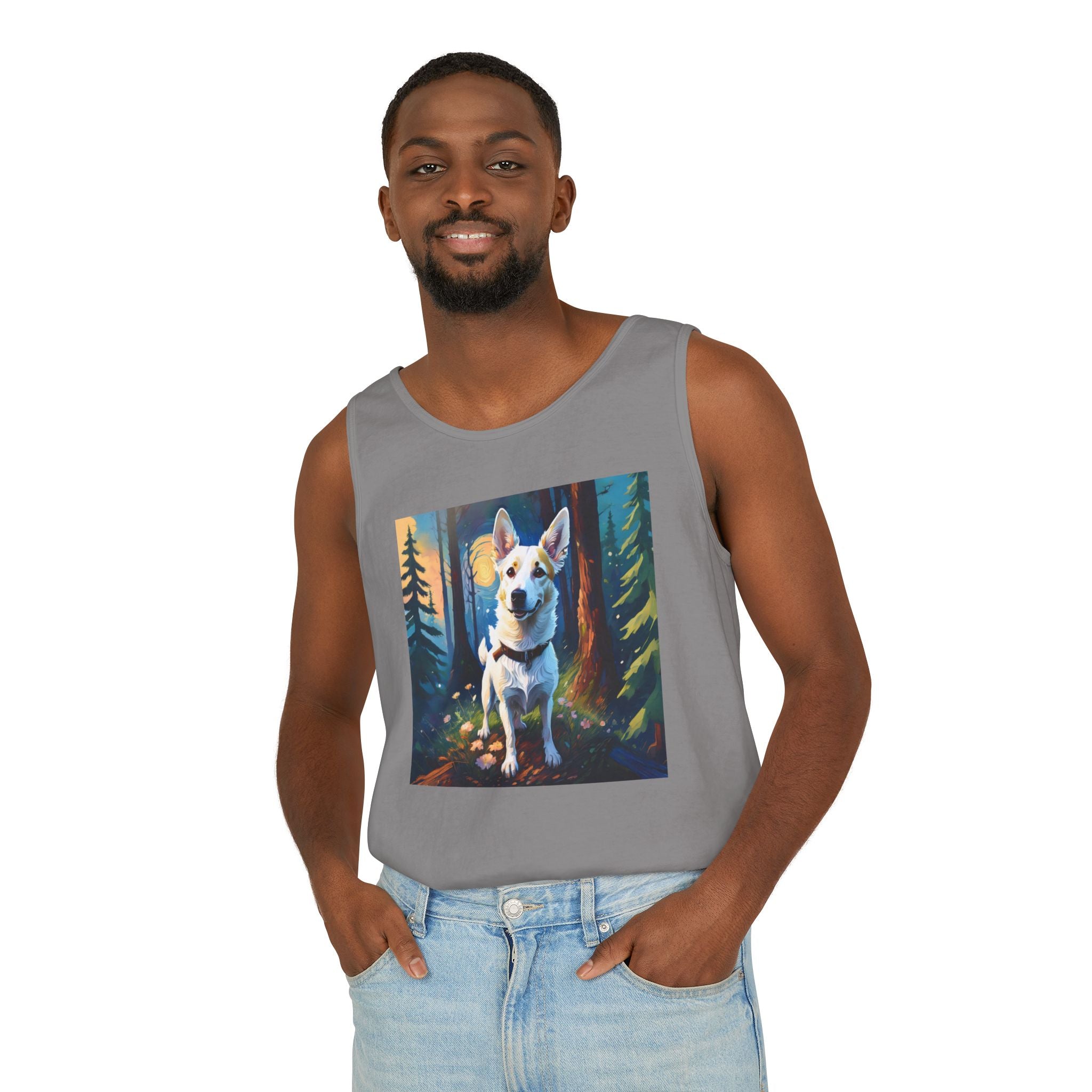 White/Tan Dog Forest Walk Unisex Tank Top