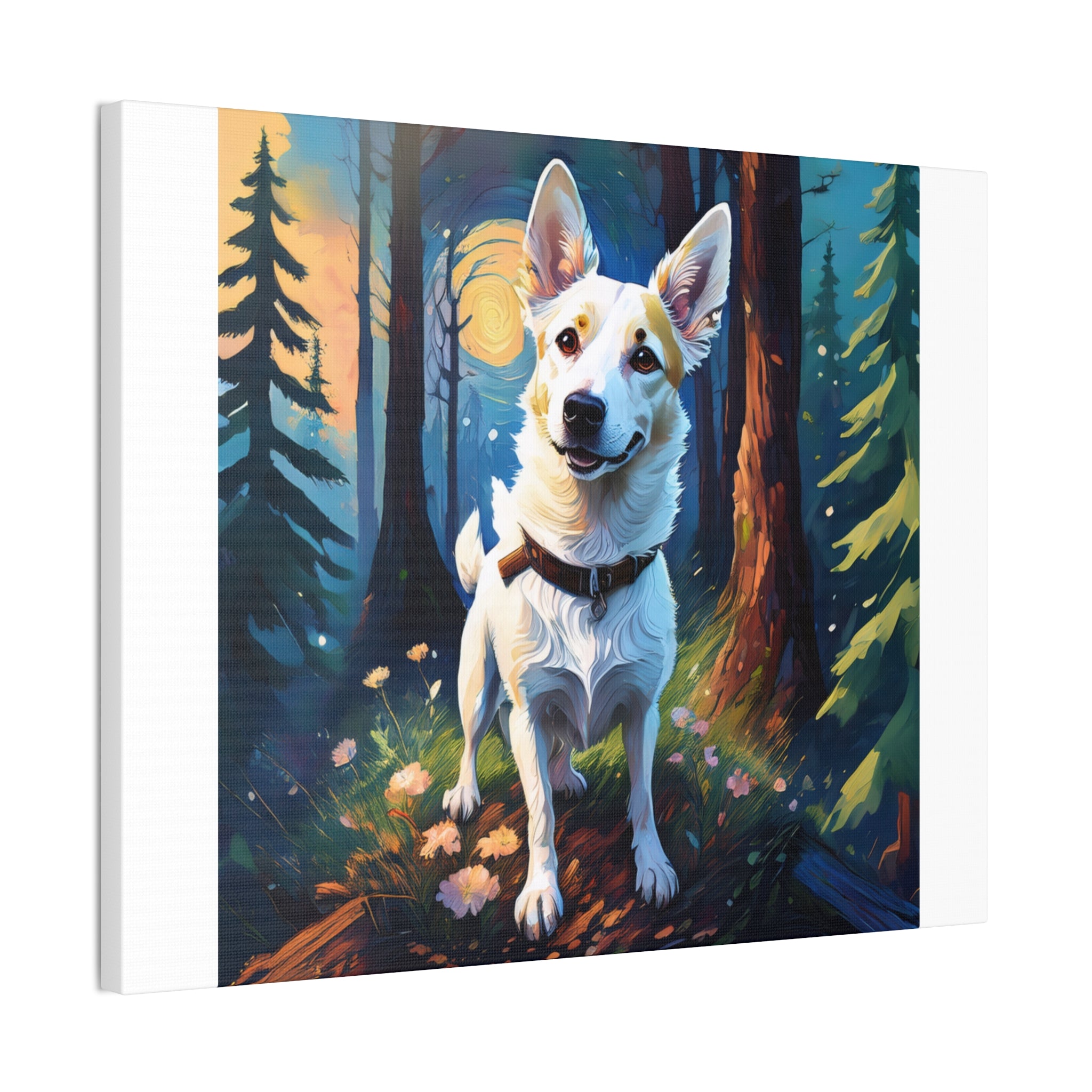 White/Tan Dog Forest Walk Cavas Painting