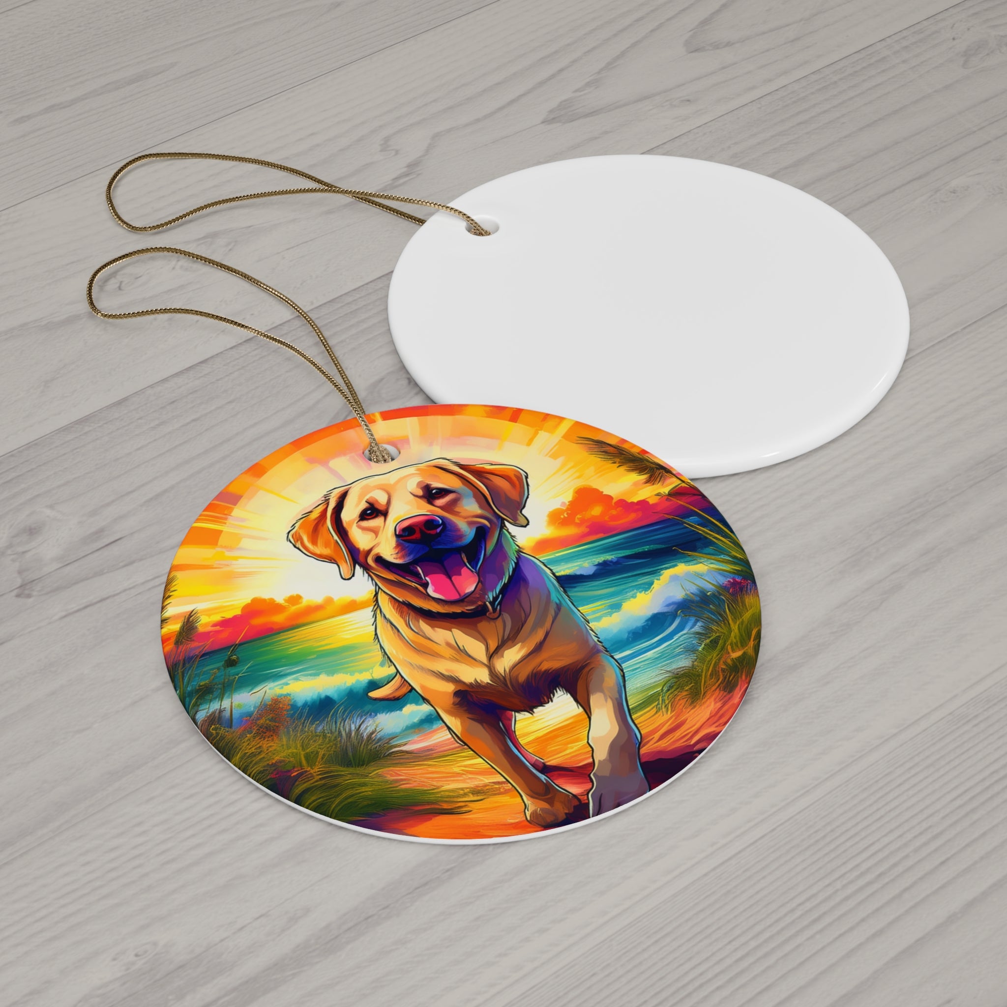 Yellow Lab Sunset Beach Ceramic Ornament