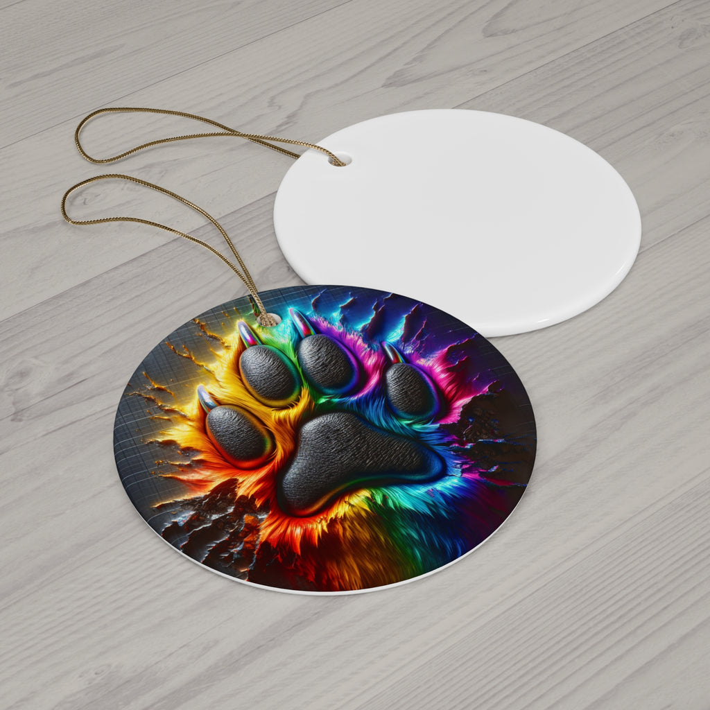 Electric Rainbow Dog Paw Ceramic Ornament