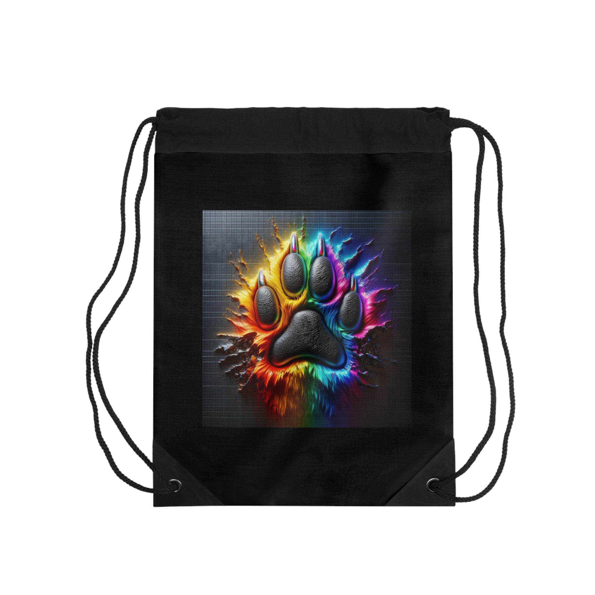 Electric Rainbow Dog Paw Drawstring Bag