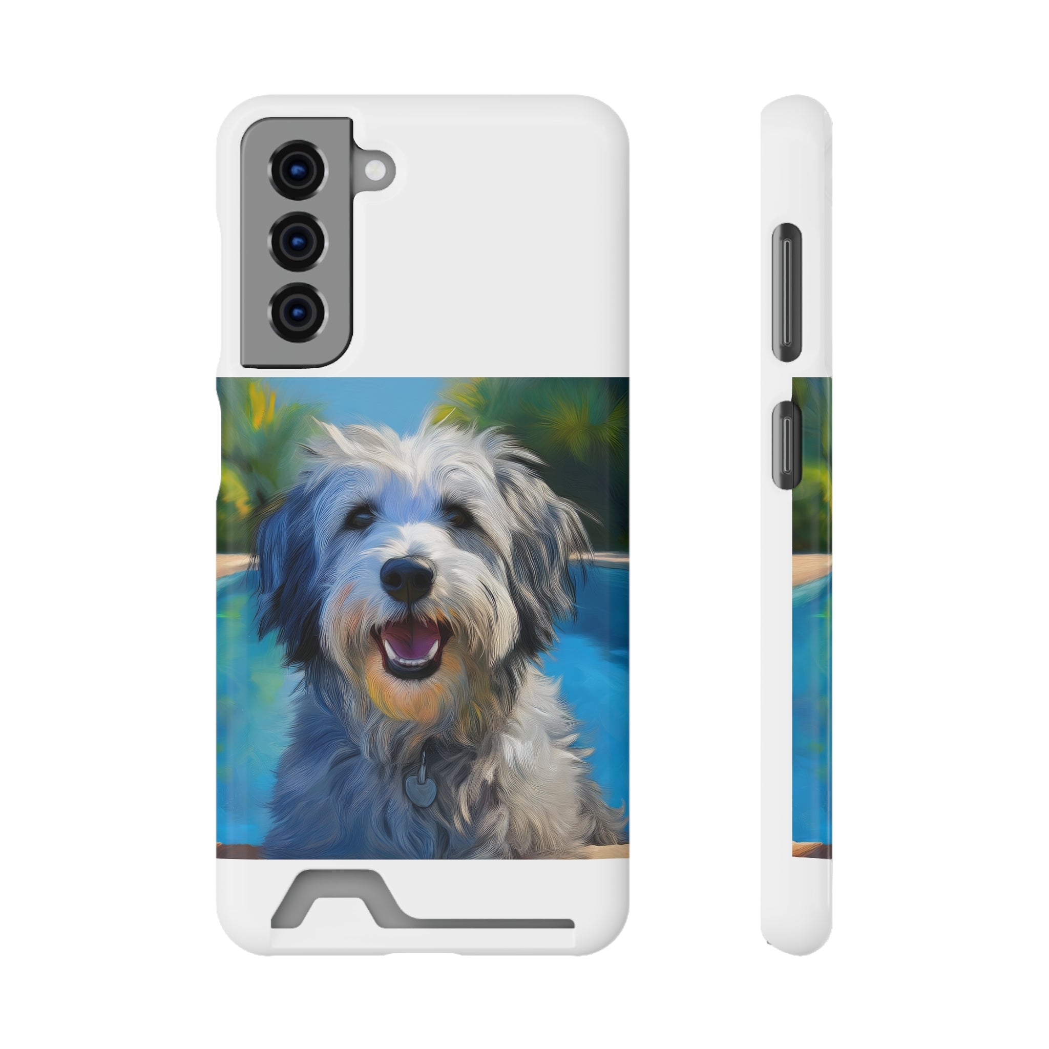 Grey Shaggy Dog Poolside Phone Case with Card Holder