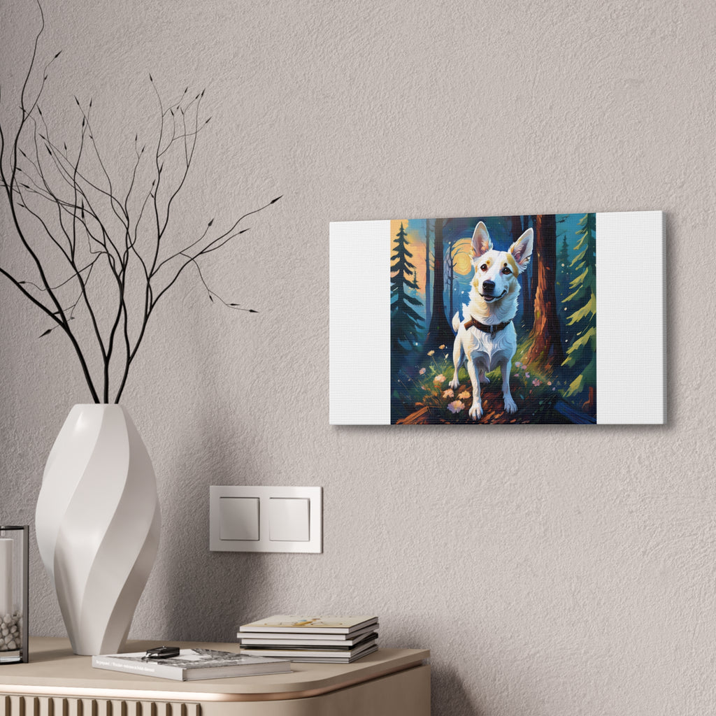 White/Tan Dog Forest Walk Cavas Painting